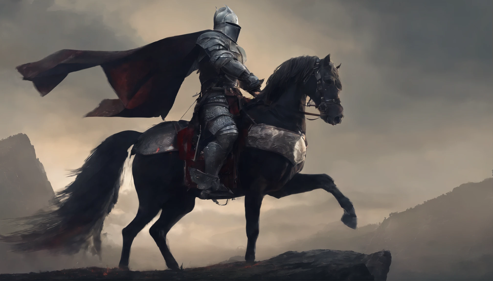 black knight in medieval armor on horse holding shield and sword