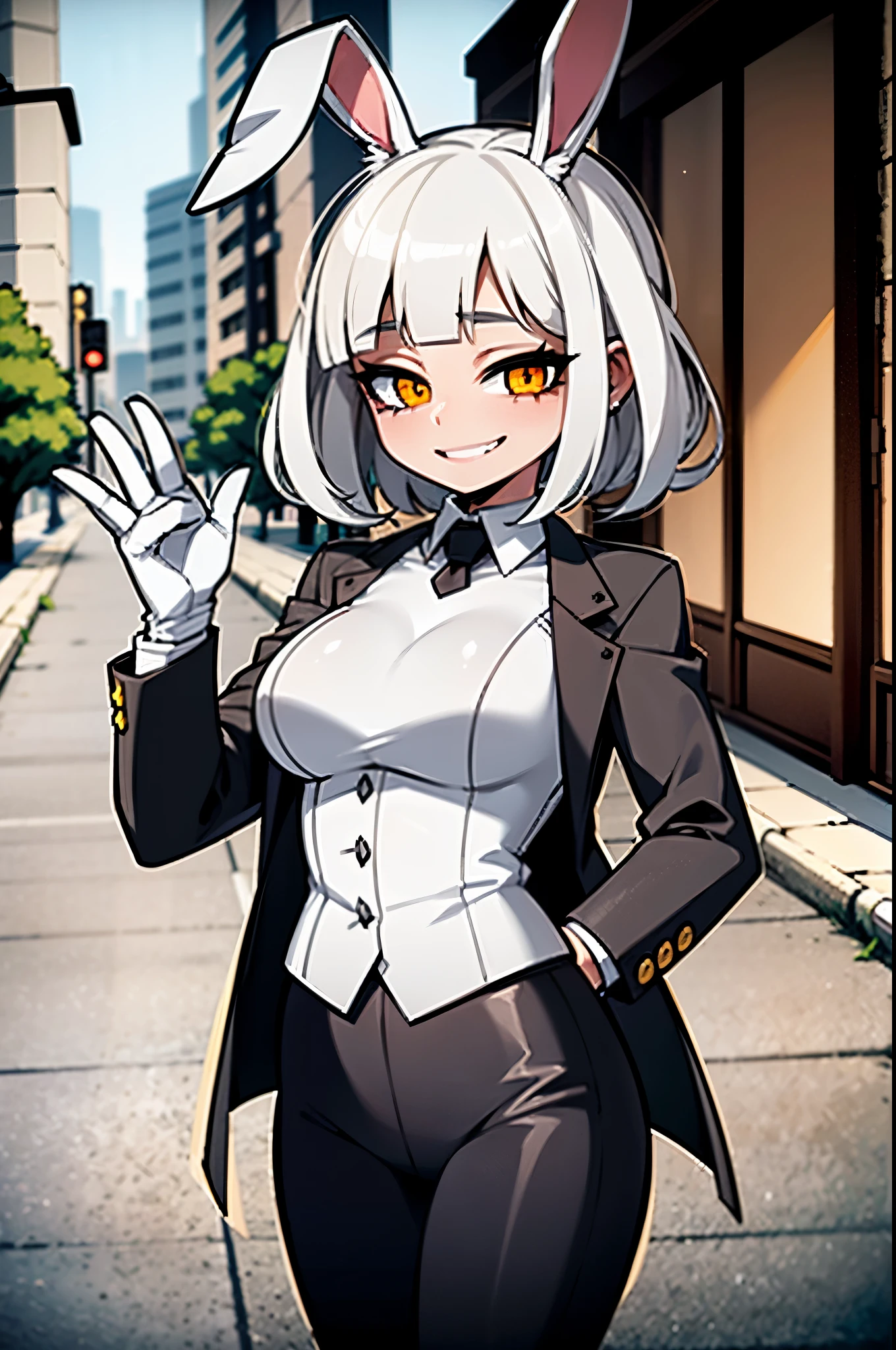 1girl, alone, masterpiece, young woman, furry, 2D, bunny woman, white skin, white bunny, white ear, white skin, white fur, black hair, short hair, white bunny, white rabbit, wearing black jacket, black pants, white shirt, punk style, smiling, in a street, looking atr viewer, 4k, masterpiece