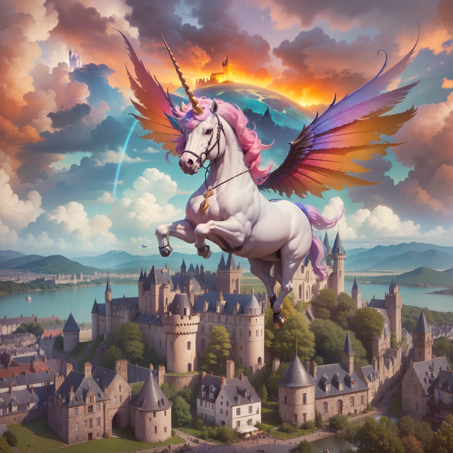 A very happy unicorn (with wings) in a magical scottish city (bursting with magic everywhere, and a castle in the background), caricature, extremely detailed, glamour photography, real estate photography, deep colors, earth tones, acidwave, comtemporary realism, fantasy, fairytale, rainbowcore