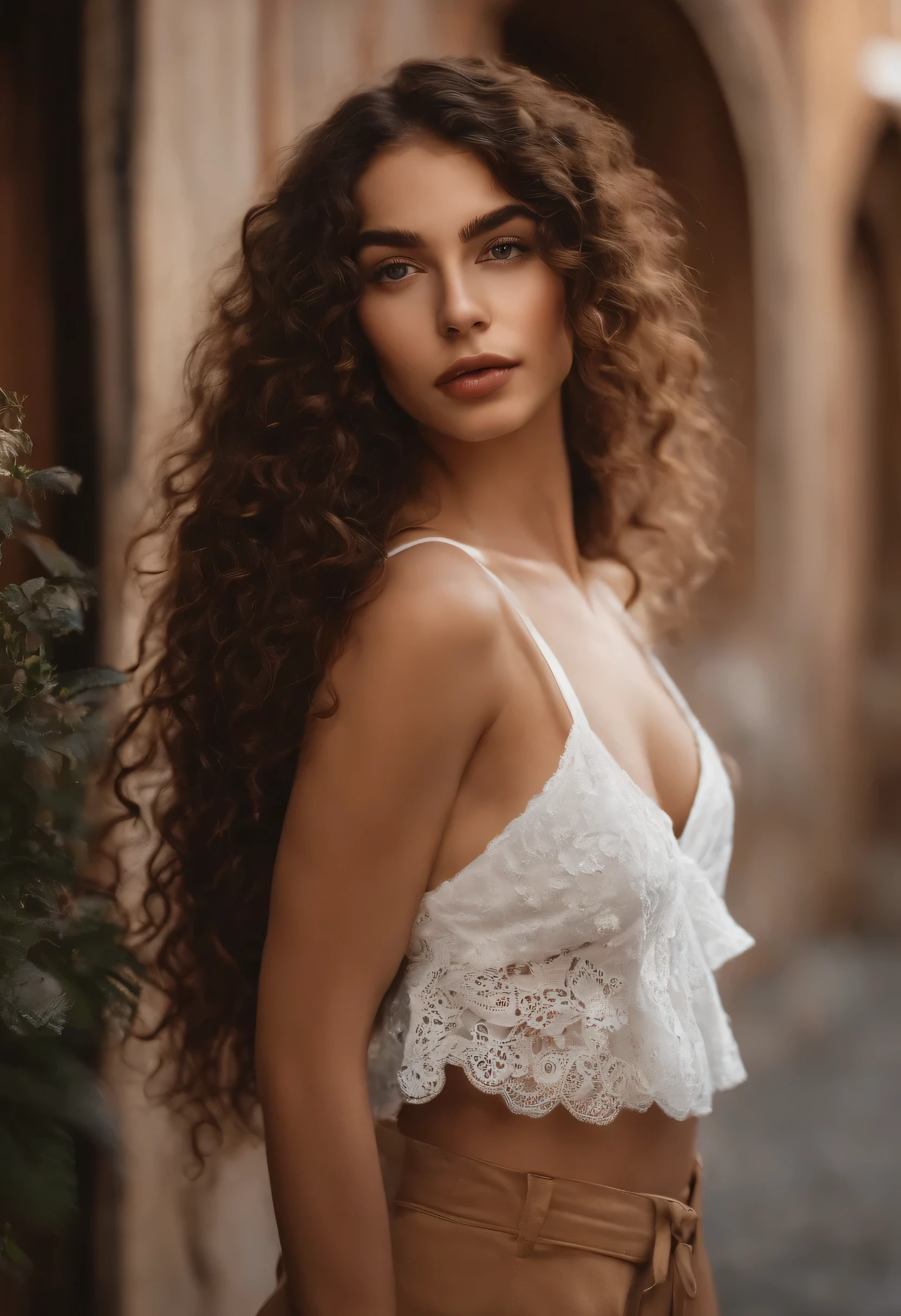(realista)A woman with long curly brown hair and a white T-shirt and lace, ava max, Perfect girl with curly brown hair , Curly chestnut goddess, long curly brown hair, Sara Veltis, Belleza asombrosa, con ojos marrones, con los senos grande, Cara Sexy,cuerpo completo, bien iluminado, Paisaje una calle de italia.