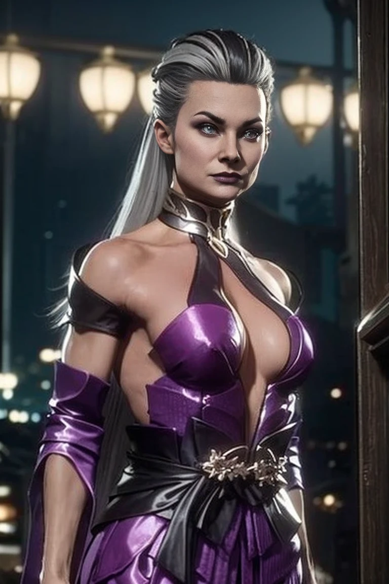 Mortal Kombat 11: Aftermath, elegant and flawless face, Sindel, gray hair, Sidel hair, long hair pulled back, long hair slicked back, multicolored hair.(( Wearing a nightgown)). semi-transparent. (It is a luxury suite that boasts richness and elegance). (Dark night sky with stars), Dynamic Posture, imposing expression, air of superiority, glamorous, arrogant