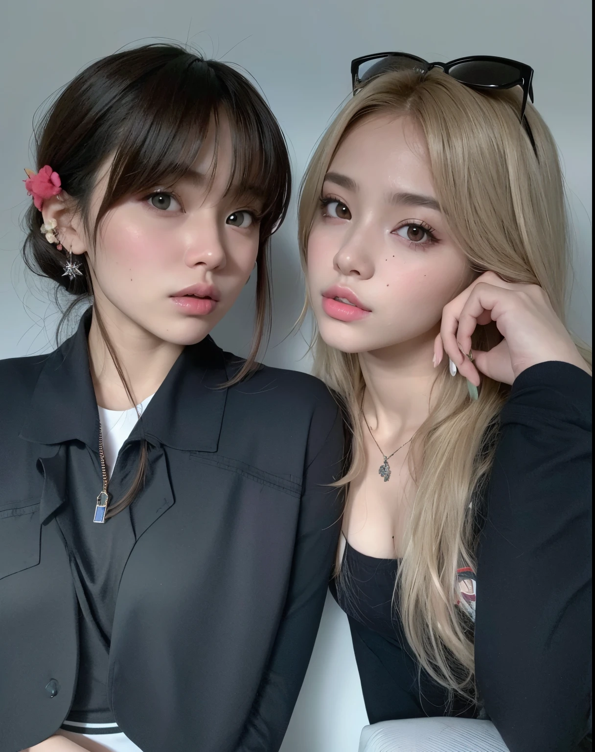 Dos mujeres con chaquetas negras y gafas de sol posando para una foto, Lalisa Manobal, nixeu y sakimichan, ulzzang, with pale skin, dos modelos en el marco, con negro, two girls, flequillo con raya al centro, hermosos gemelos geminis, con flequillo, hermosos gemelos geminis portrait, dos hermosas chicas anime, una rubia y una morena