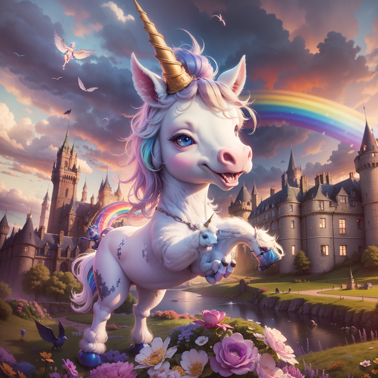 A very happy unicorn (with wings) in a magical scottish city (bursting with magic everywhere, and a castle in the background), caricature, extremely detailed, glamour photography, real estate photography, deep colors, earth tones, acidwave, comtemporary realism, fantasy, fairytale, rainbowcore