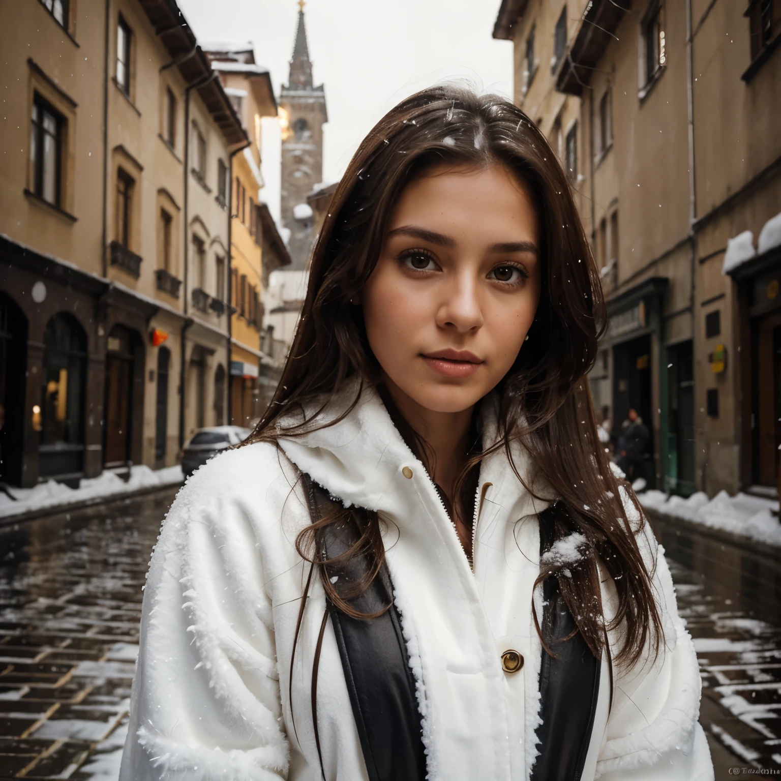 hyperrealism photography, 30 years old, brown hair , dark long brown hair , big brown eyes , sexy, beautiful girl, model looking ,latina, italian themed, snowy weather, make her attractive, milano cathedral
