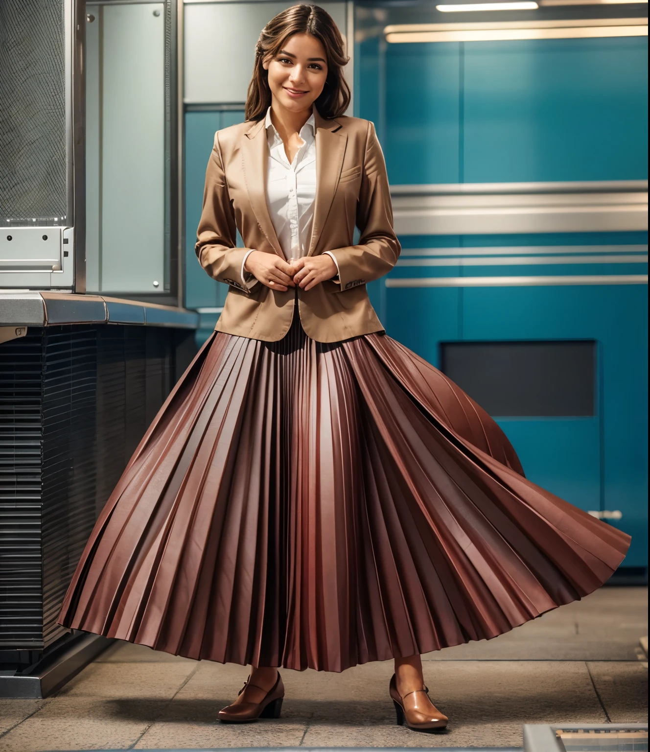 A smiling, authentic, (shy:1,3), kind, beautiful woman, completely alone in an empty space station, in love with her skirt, standing while wind lifts her skirt, wearing short blazer and very very detailed (long (fully pleated) full circle skirt) and (simple) low heeled office shoes, very very intricate hyper-detailed symmetric (attractive graceful young feminine face) with (sad, tired eyes and a shy smile), large breasts, full of empathy and compassion and love, (pronounced (feminine) features), (highly detailed ultra accurate realistic) hands and fingers, (windy), epic composition, highly detailed attributes, (35mm f1.4 Kodak portra 400 photograph), extremely high quality RAW photograph, highly detailed atmosphere, sci-fi, cinematic shot, dynamic lighting, 75mm, Technicolor, Panavision, cinemascope, sharp focus, fine details, 8k, HDR, realism, realistic, key visual, film still, superb cinematic color grading, depth of field