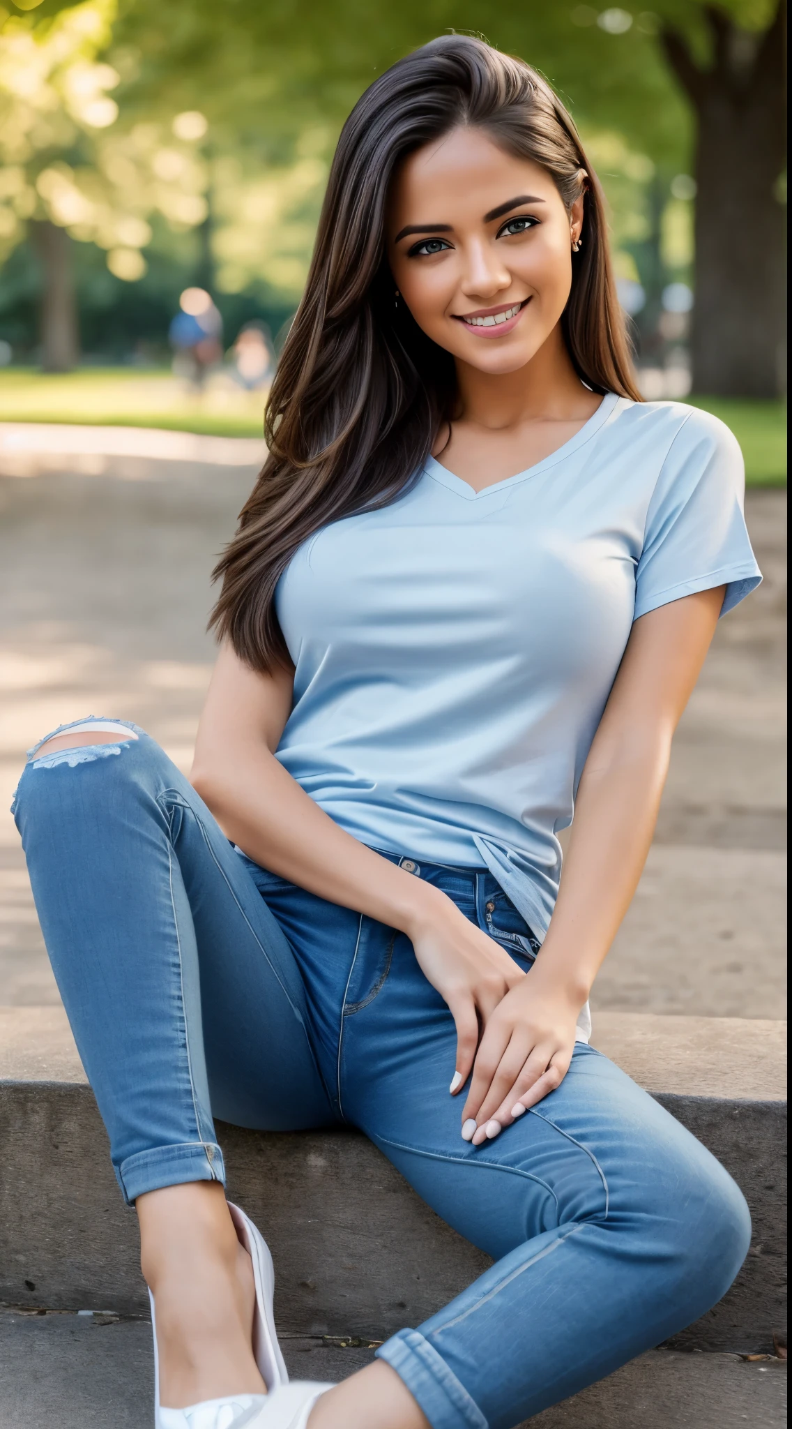 Hyper realistic and detailed picture of one smiling young beautiful the woman chilling casually in the park wearing casual clothes (tight jeans and t-shirt). perfect eyes, (Eye makeup:1.1), (highly detailed skin:1.1), (perfect big ), RAW, analog style, sharp focus, 8k UHD, DSLR, high quality, Fujifilm XT3, grain, award winning, masterpiece.
