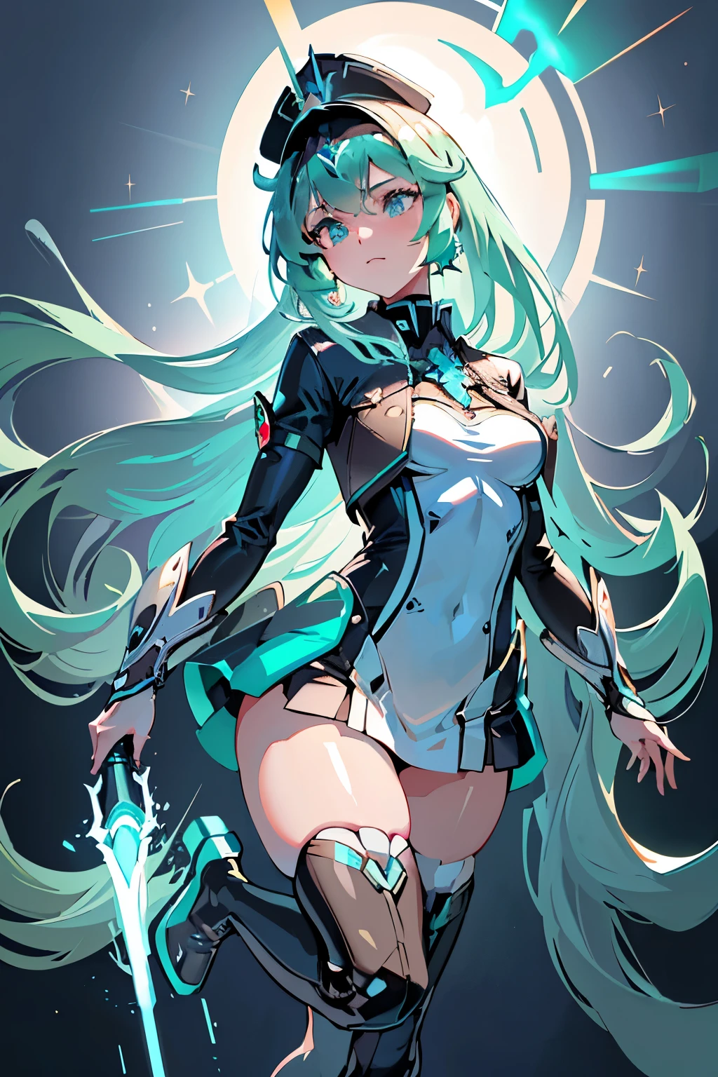 Anime, Girl, (((1girl))), (((Waifu, Xenoblade Chronicles 2, Pneuma Waifu))), (((Seafoam Green Hair, Long Hair))), ((Seafoam Green Eyes eyes:1.3, Upturned Eyes: 1, Perfect Eyes, Beautiful Detailed Eyes, Gradient eyes: 1, Finely Detailed Beautiful Eyes: 1, Symmetrical Eyes: 1, Big Highlight On Eyes: 1.2)), (((Lustrous Skin: 1.5, Bright Skin: 1.5, Skin Fair, Shiny Skin, Very Shiny Skin, Shiny Body, Plastic Glitter Skin, Exaggerated Shiny Skin, Illuminated Skin))), (Detailed Body, (Detailed Face)), Young, Idol Pose, (Best Quality), Techwear, (((Military Uniform))), (((Military Cap))), (((Military Coat))), (((Thigh-high Heeled Boots))), High Resolution, Sharp Focus, Ultra Detailed, Extremely Detailed, Extremely High Quality Artwork, (Realistic, Photorealistic: 1.37), 8k_Wallpaper, (Extremely Detailed CG 8k), (Very Fine 8K CG), ((Hyper Super Ultra Detailed Perfect Piece)), (((Flawlessmasterpiece))), Illustration, Vibrant Colors, (Intricate), High Contrast, Selective Lighting, Double Exposure, HDR (High Dynamic Range), Post-processing, Background Blur