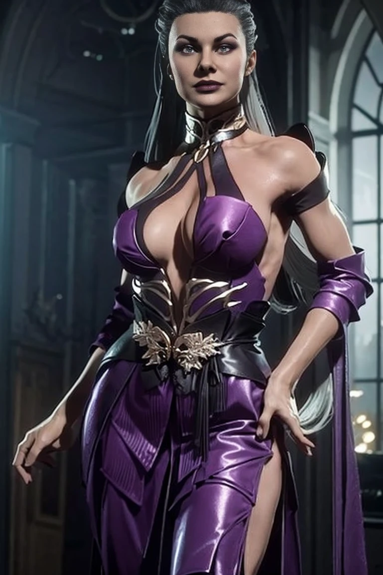 Mortal Kombat 11: Aftermath, elegant and flawless face, Sindel, gray hair, Sidel hair, long hair pulled back, long hair slicked back, multicolored hair.(( Wearing a nightgown)). see-through. (It is a luxury suite that boasts richness and elegance). (Dark night sky with stars), Dynamic Posture, imposing expression, air of superiority, glamorous, arrogant