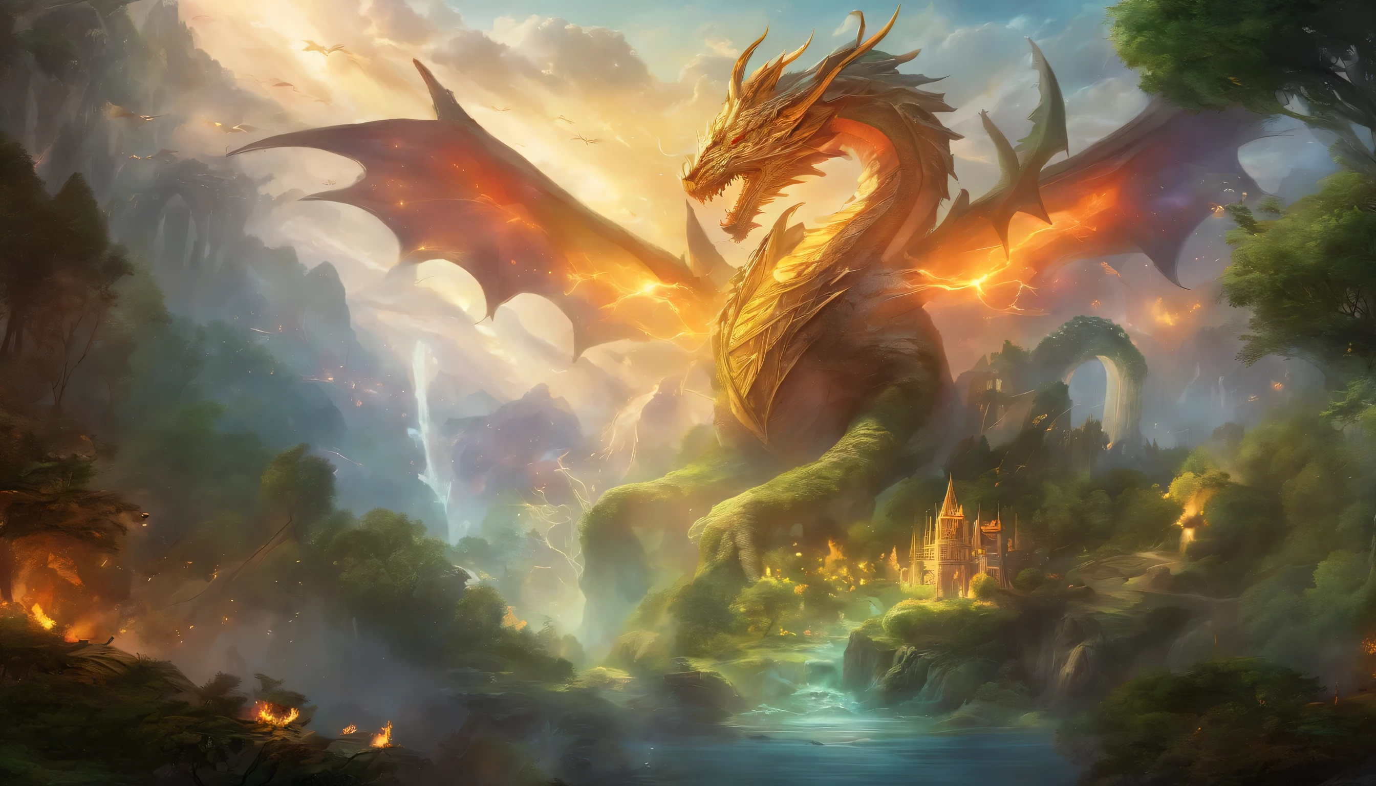 The hero signals with triumph, and companions attack with magical blasts and arrows. Focus on the wounded dragon amidst the enchanted forest, highlighting the magical elements and the dragon's vulnerability.
