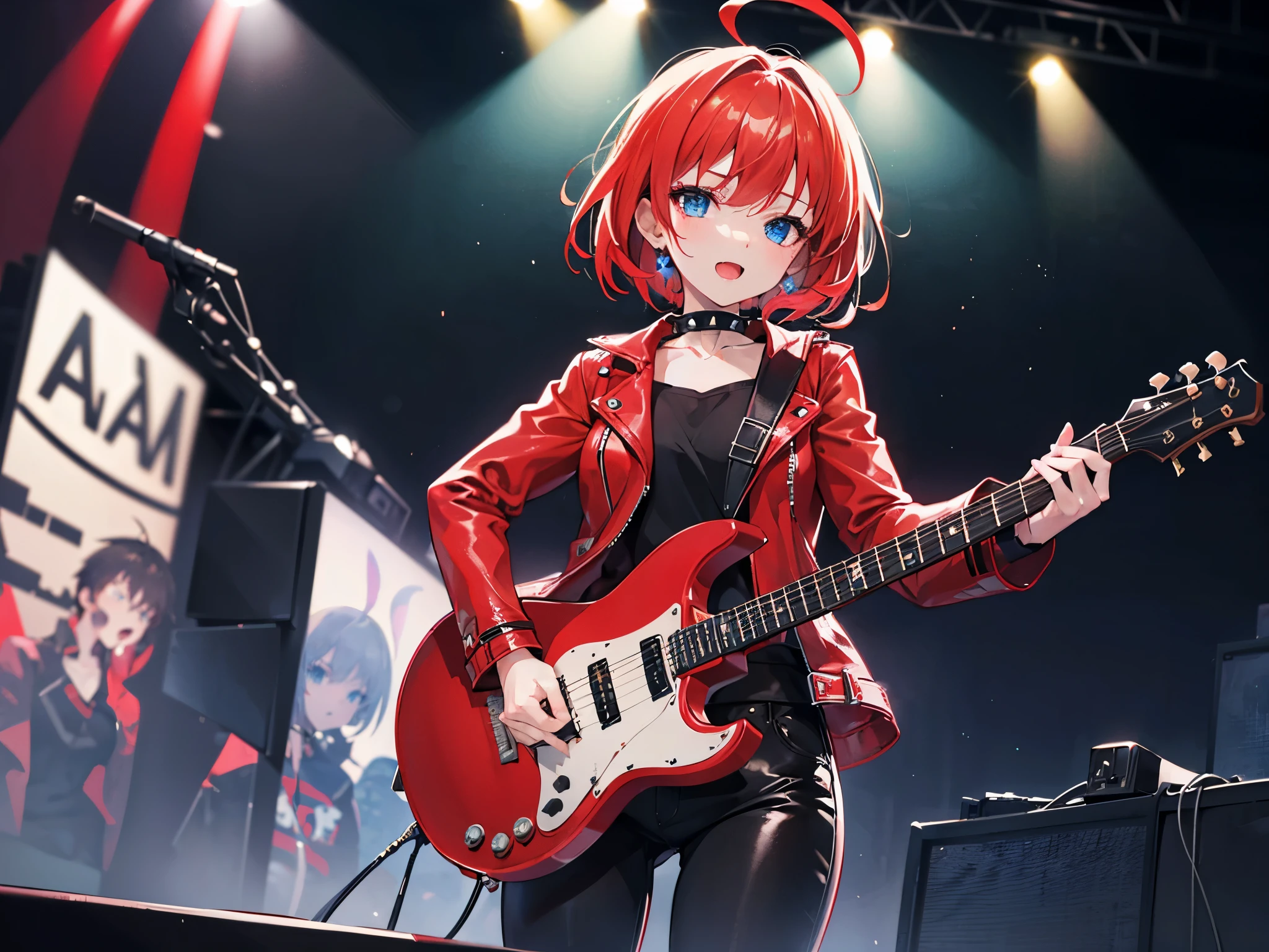 1girl, night, sing in concert, red leather jacket, holding microphone, black clothes, black pants, gothic accessories, spiked choker, short red hair with ahoge, blue eyes