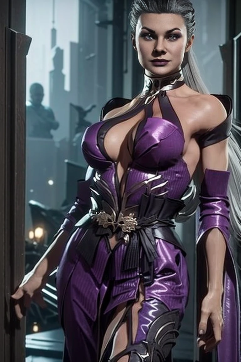 Mortal Kombat 11: Aftermath, elegant and flawless face, Sindel, gray hair, Sidel hair, long hair pulled back, long hair slicked back, multicolored hair.(( Wearing a nightgown)). see-through. (It is a luxury suite that boasts richness and elegance). (Dark night sky with stars), Dynamic Posture, imposing expression, air of superiority, glamorous, arrogant