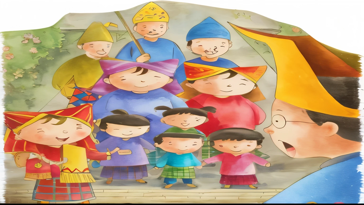 there are many children dressed up in colorful costumes and hats, colorful book illustration, children book illustration, story book illustration, a storybook illustration, childrens illustrated storybook, storybook illustration, childrens book illustration, childrenbook illustration, storybook illustation, children's illustration, kidsk illustration, children's book illustration, children’s book illustration, illustration for children