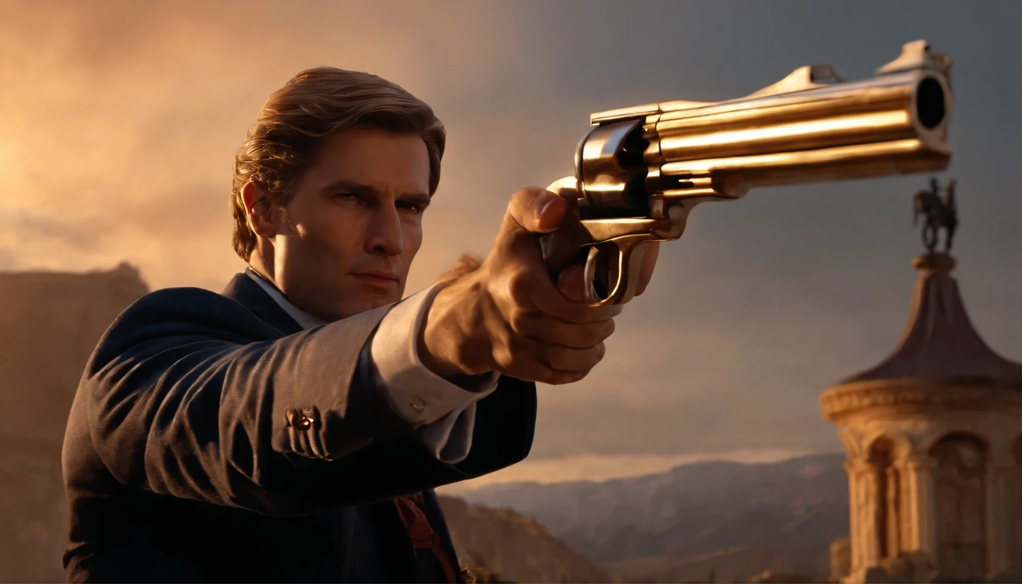 neoclassical oil person about to pull the trigger revolver shoot at a person