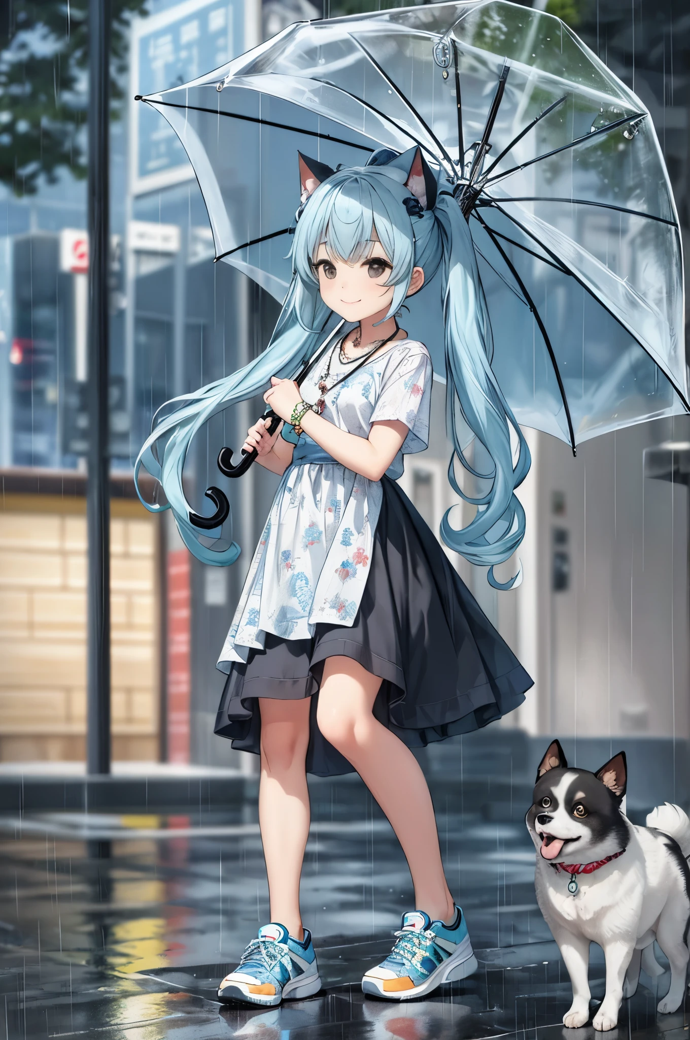 
light blue long hair、Beautiful girl with twin tails、愛らしいsmile、Bigger in the center、animal, bird, blurry, blurry background, black eyes, dog, whole body, holding, holding umbrella, jewelry, look up, necklace, rain, shiba inu, shoes, short sleeve, smile, sneakers, alone, transparent, transparent umbrella, umbrella, clock, wristclock
, ((masterpiece))