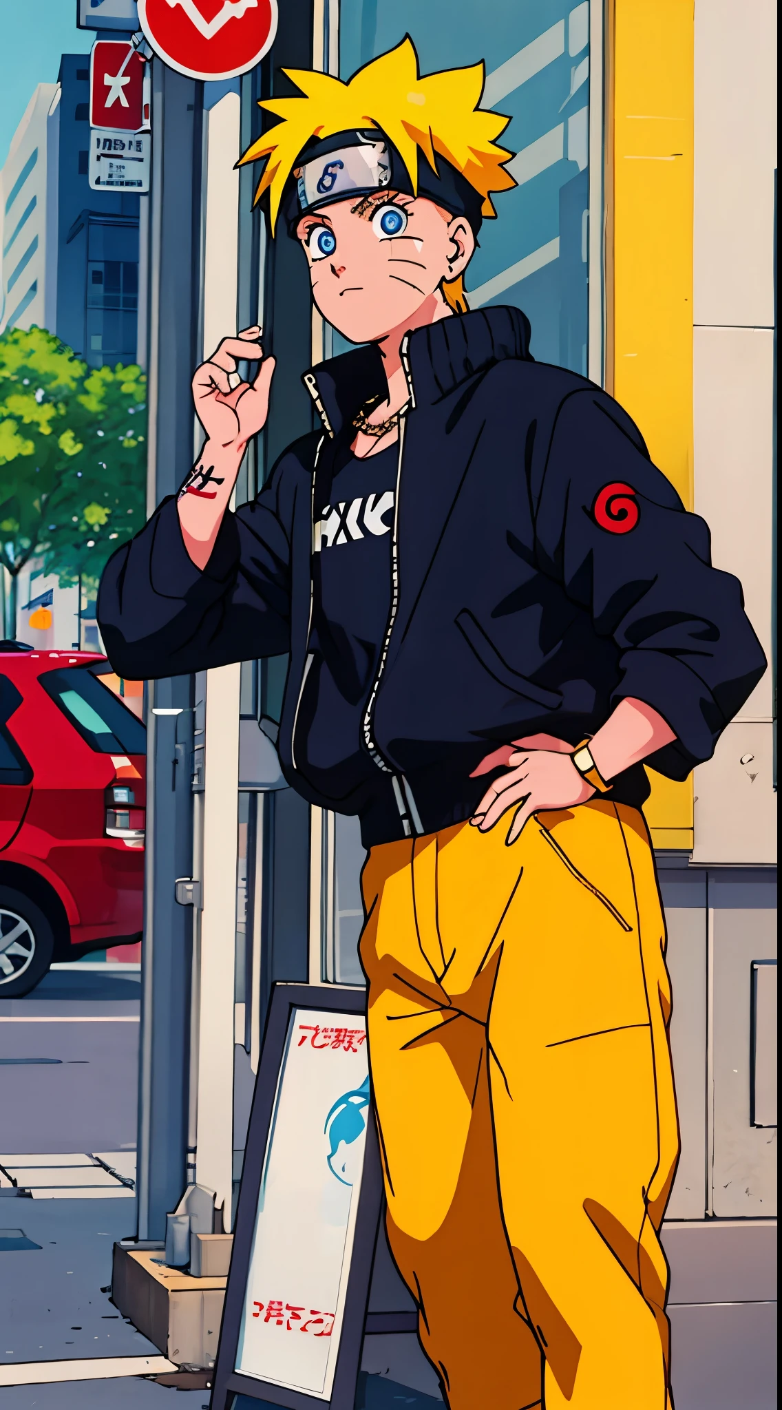 masterpiece, great style, street wear, outdoor, Half body,gold necklace、tattoo, uzumaki naruto, blue eyes, yellow short hair,boy