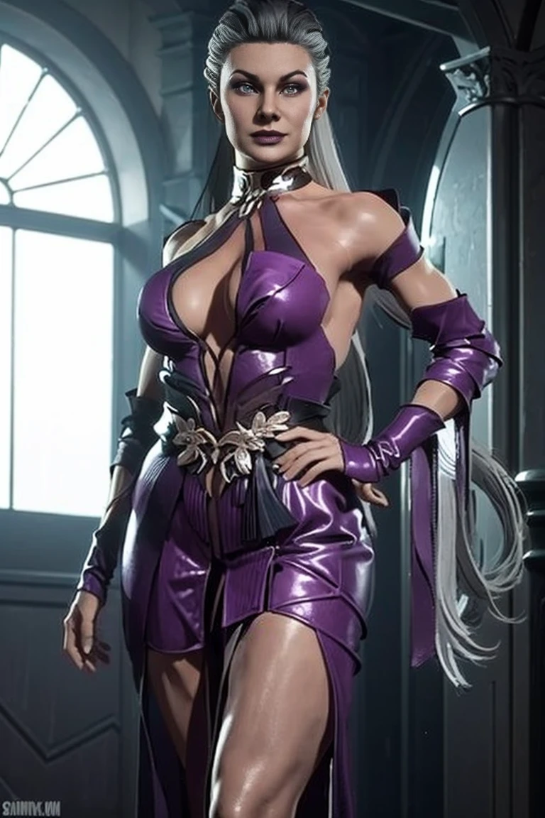 Mortal Kombat 11: Aftermath, elegant and flawless face, Sindel, gray hair, Sidel hair, long hair pulled back, long hair slicked back, multicolored hair.((Wearing a see-through nightgown)). see-through. (It is a luxury suite that boasts richness and elegance). (Dark night sky with stars), Dynamic Posture, imposing expression, air of superiority, glamorous, arrogant