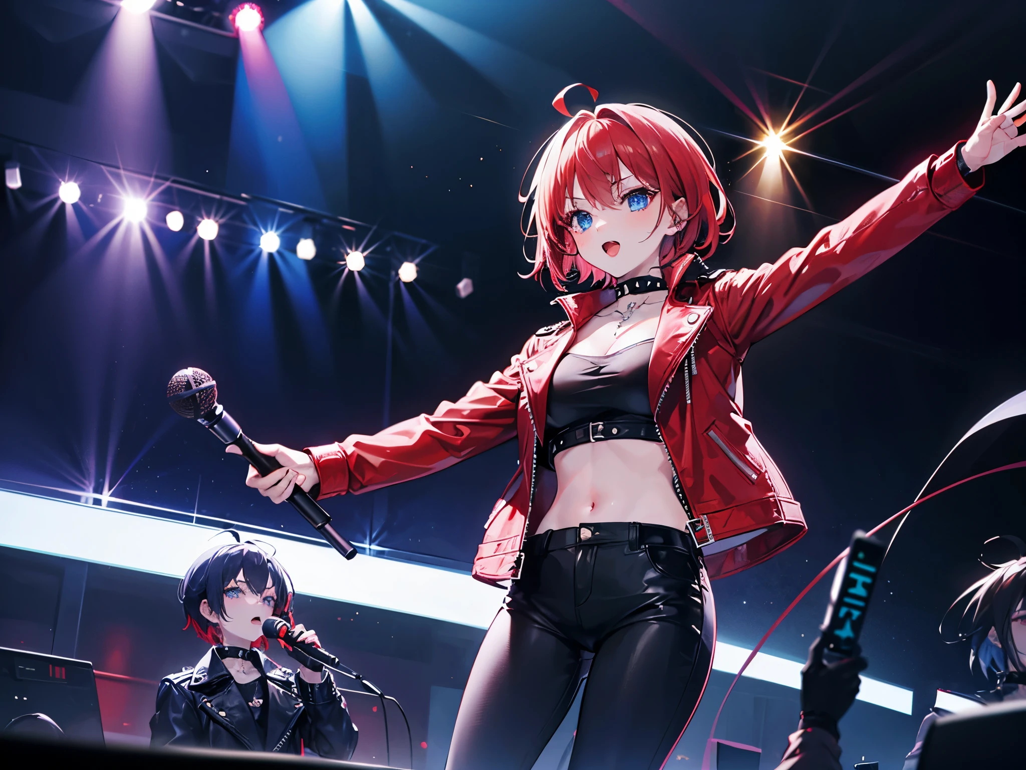 1girl, night, sing in concert, red leather jacket, holding microphone with left hand, black clothes, black pants, gothic accessories, spiked choker, short red hair with ahoge, blue eyes