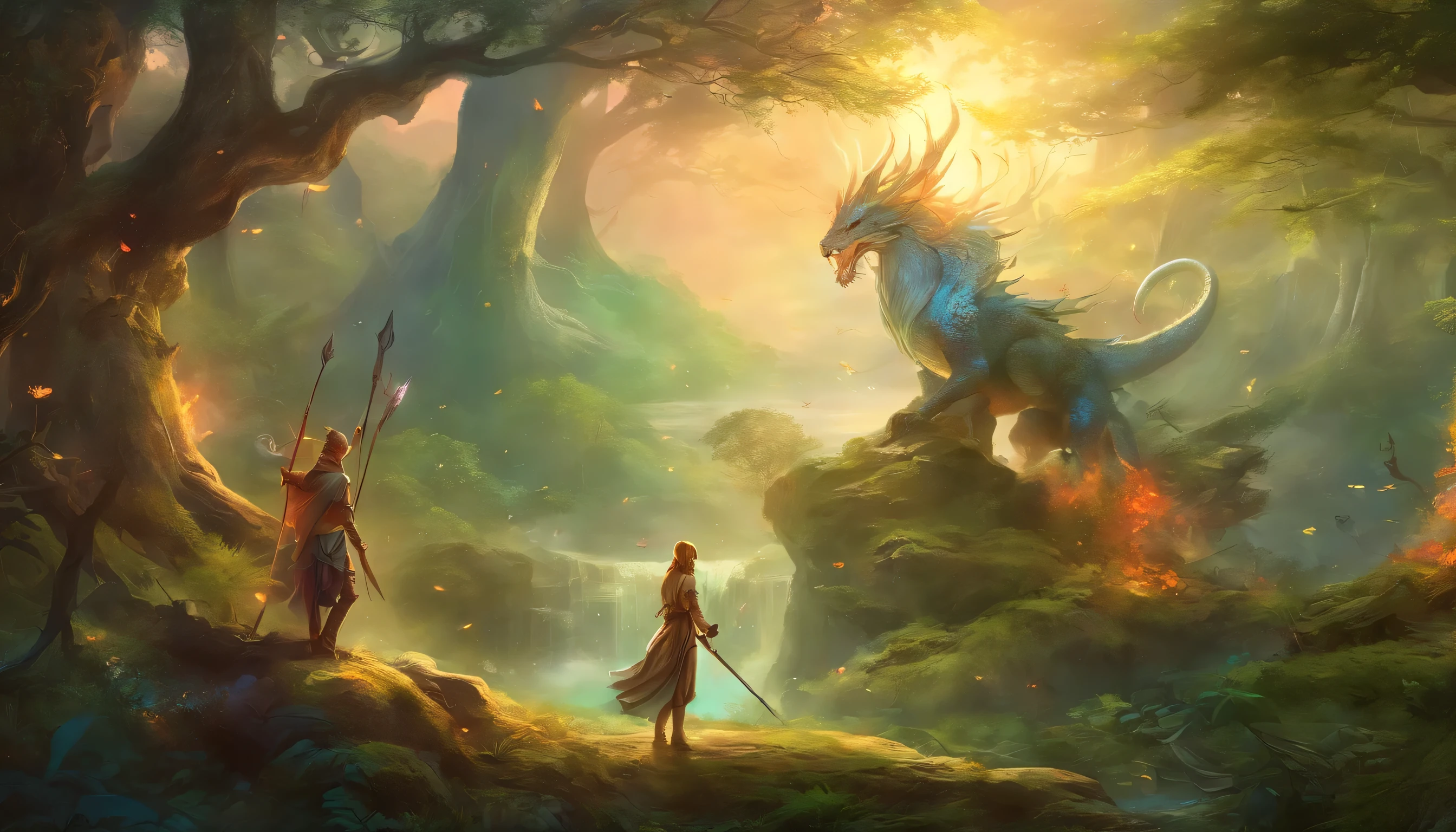 Transition to a mystical glade with ancient runes. The hero signals with triumph, and companions attack with magical blasts and arrows. Focus on the wounded dragon amidst the enchanted forest, highlighting the magical elements and the dragon's vulnerability.
