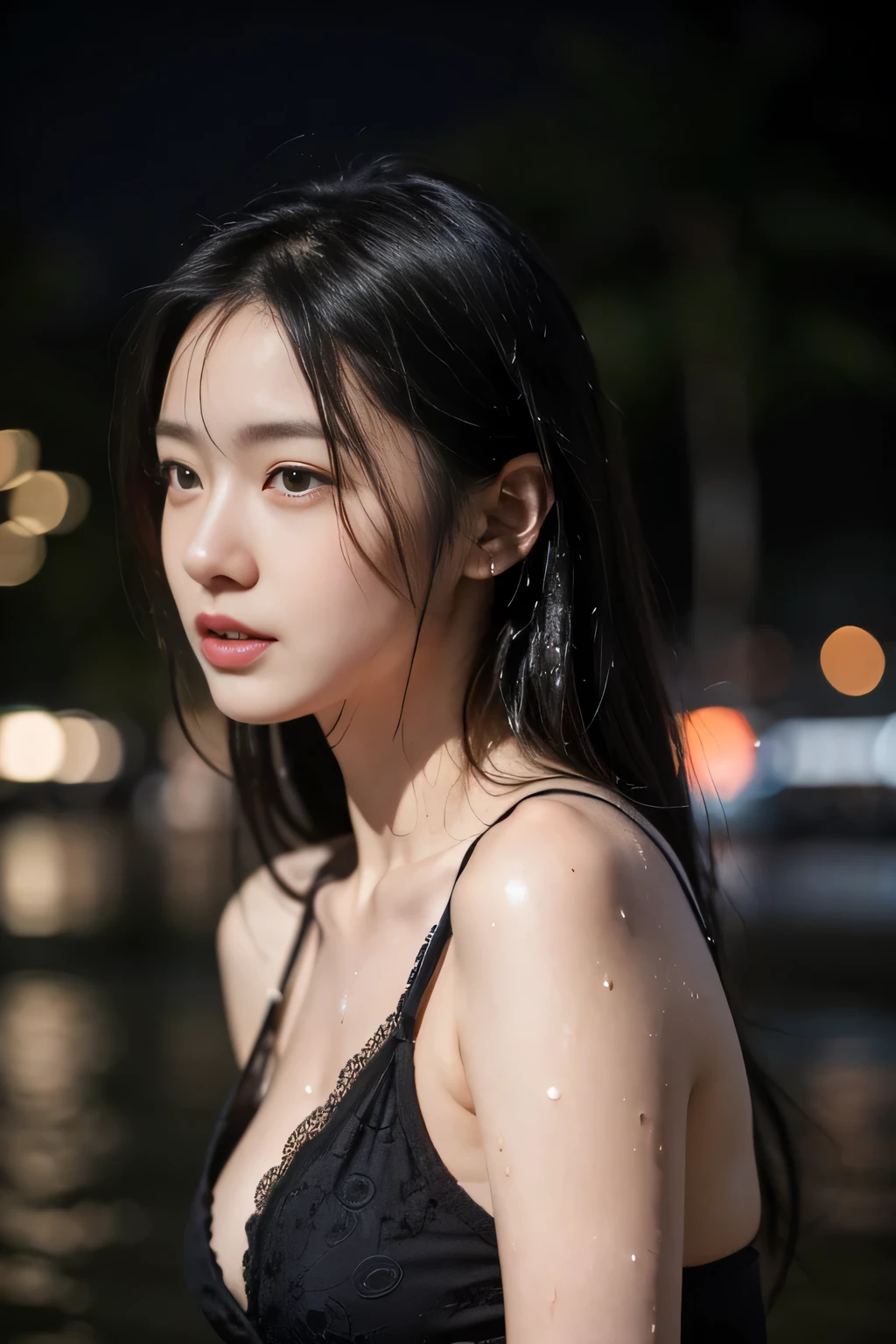 one woman,flashy underwear,sexy pose,,wet body,thin,wet hair,cute face,beautiful face,double eyelid,no makeup,cool face,medium long hair,black hair,black eye,outdoor,evening,rain,Mysterious,high quality,realistic,Japanese,Beautiful woman,gravure,adult woman