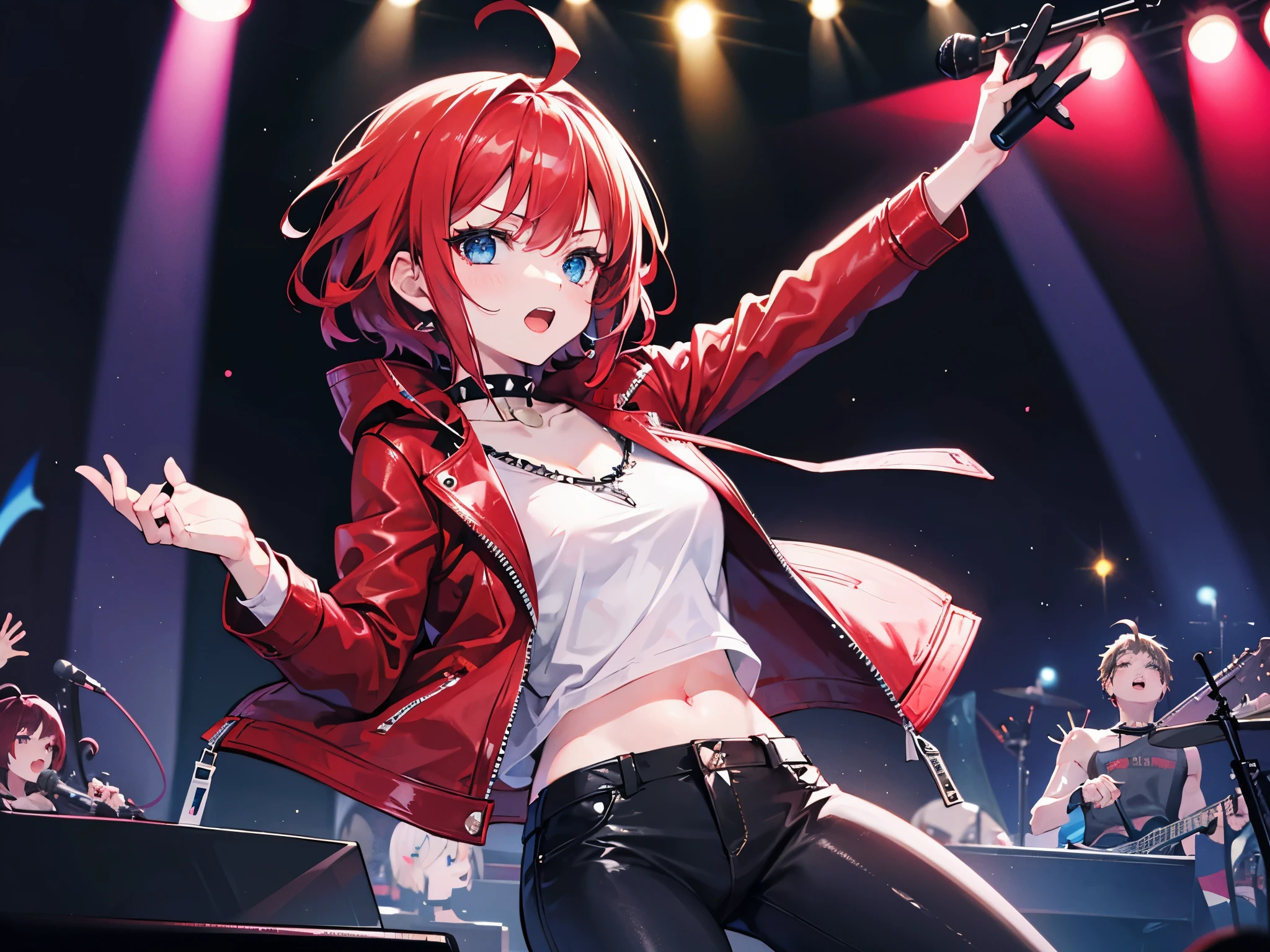 1girl, night, sing in concert, red leather jacket, holding microphone with left hand, black clothes, black pants, gothic accessories, spiked choker, short red hair with ahoge, blue eyes