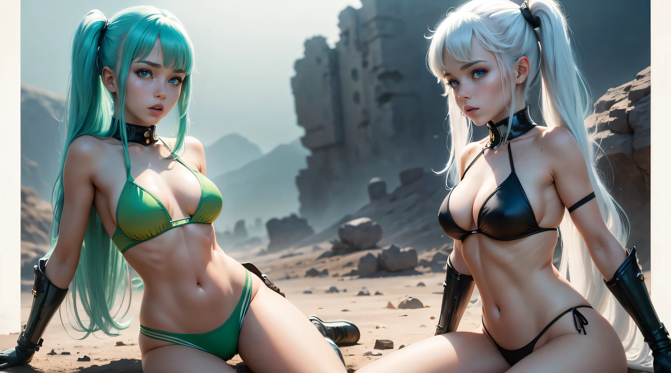 ((Barbarella)), 2 girls, cute 18-year-old girls in twin tails, ((perfect female body)) multiple rainbow colored hair, perfect detailed blue eyes, happy, Ukrainian, , pale skin, wearing a green metallic color bikini, pantyhose, micro bikinis, post apocalyptic background, bleak barren desert, photo realistic.