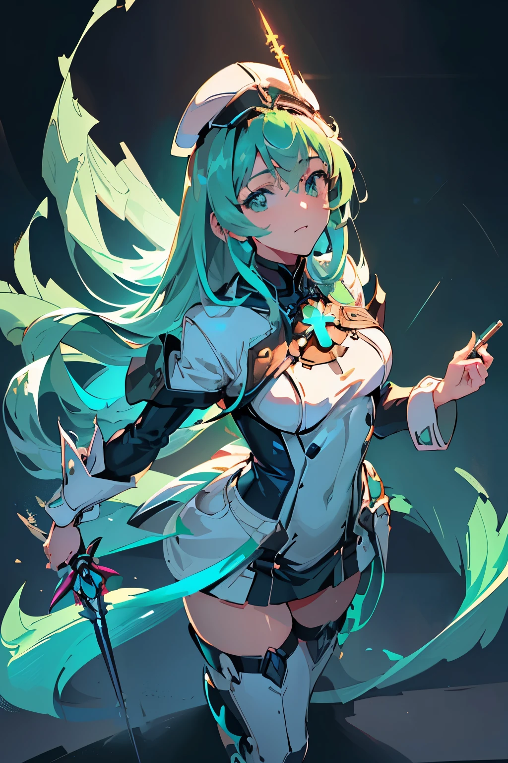 Anime, Girl, (((1girl))), (((Waifu, Xenoblade Chronicles 2, Pneuma Waifu))), (((Seafoam Green Hair, Long Hair))), ((Seafoam Green Eyes eyes:1.3, Upturned Eyes: 1, Perfect Eyes, Beautiful Detailed Eyes, Gradient eyes: 1, Finely Detailed Beautiful Eyes: 1, Symmetrical Eyes: 1, Big Highlight On Eyes: 1.2)), (((Lustrous Skin: 1.5, Bright Skin: 1.5, Skin Fair, Shiny Skin, Very Shiny Skin, Shiny Body, Plastic Glitter Skin, Exaggerated Shiny Skin, Illuminated Skin))), (Detailed Body, (Detailed Face)), Young, Idol Pose, (Best Quality), Techwear, (((Military Uniform))), (((Military Cap))), (((Military Coat))), (((Thigh-high Heeled Boots))), (((Holding Rapier))), (((Holding Handgun))), High Resolution, Sharp Focus, Ultra Detailed, Extremely Detailed, Extremely High Quality Artwork, (Realistic, Photorealistic: 1.37), 8k_Wallpaper, (Extremely Detailed CG 8k), (Very Fine 8K CG), ((Hyper Super Ultra Detailed Perfect Piece)), (((Flawlessmasterpiece))), Illustration, Vibrant Colors, (Intricate), High Contrast, Selective Lighting, Double Exposure, HDR (High Dynamic Range), Post-processing, Background Blur