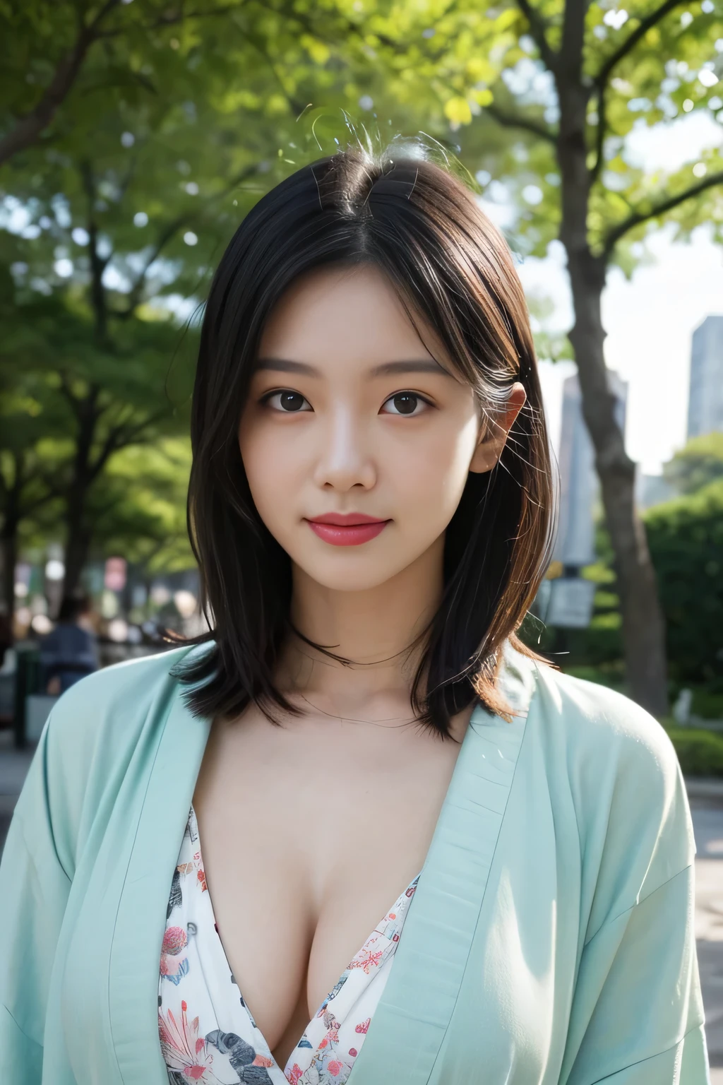 (masterpiece,High resolution,high quality)、(japanese kimono),perfect woman,cleavage between breasts,,,,,,sexy pose,rich bust,clear,beautiful face,droopy eyes,double eyelid,no makeup,smile,medium hair,black hair,public park,green tree々、Mysterious,high quality,realistic,gravure,Snazzy,japanese landscape、early summer、