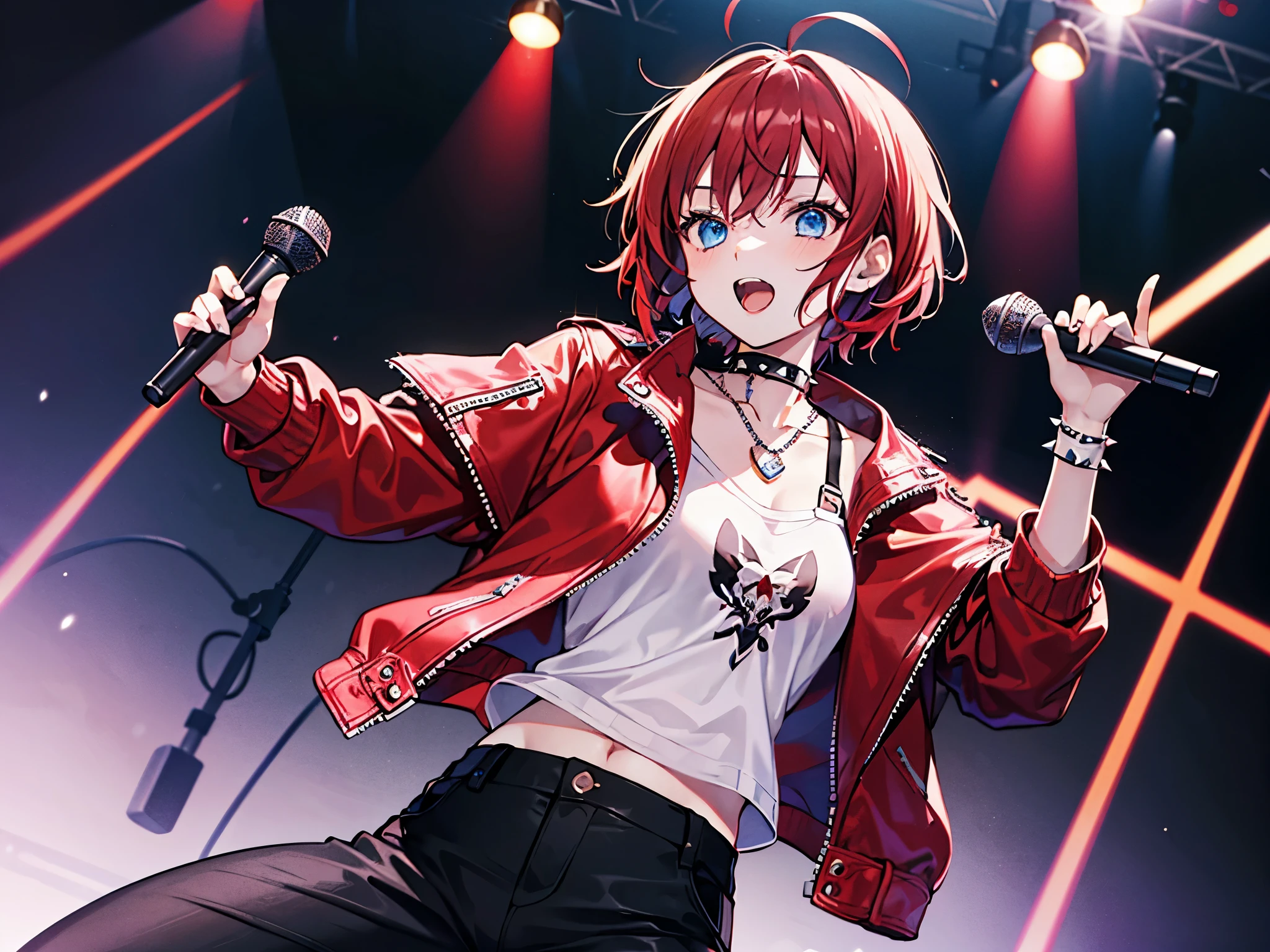 1girl, night, sing in concert, red leather jacket, holding microphone, black clothes, black pants, gothic accessories, spiked choker, short red hair with ahoge, blue eyes