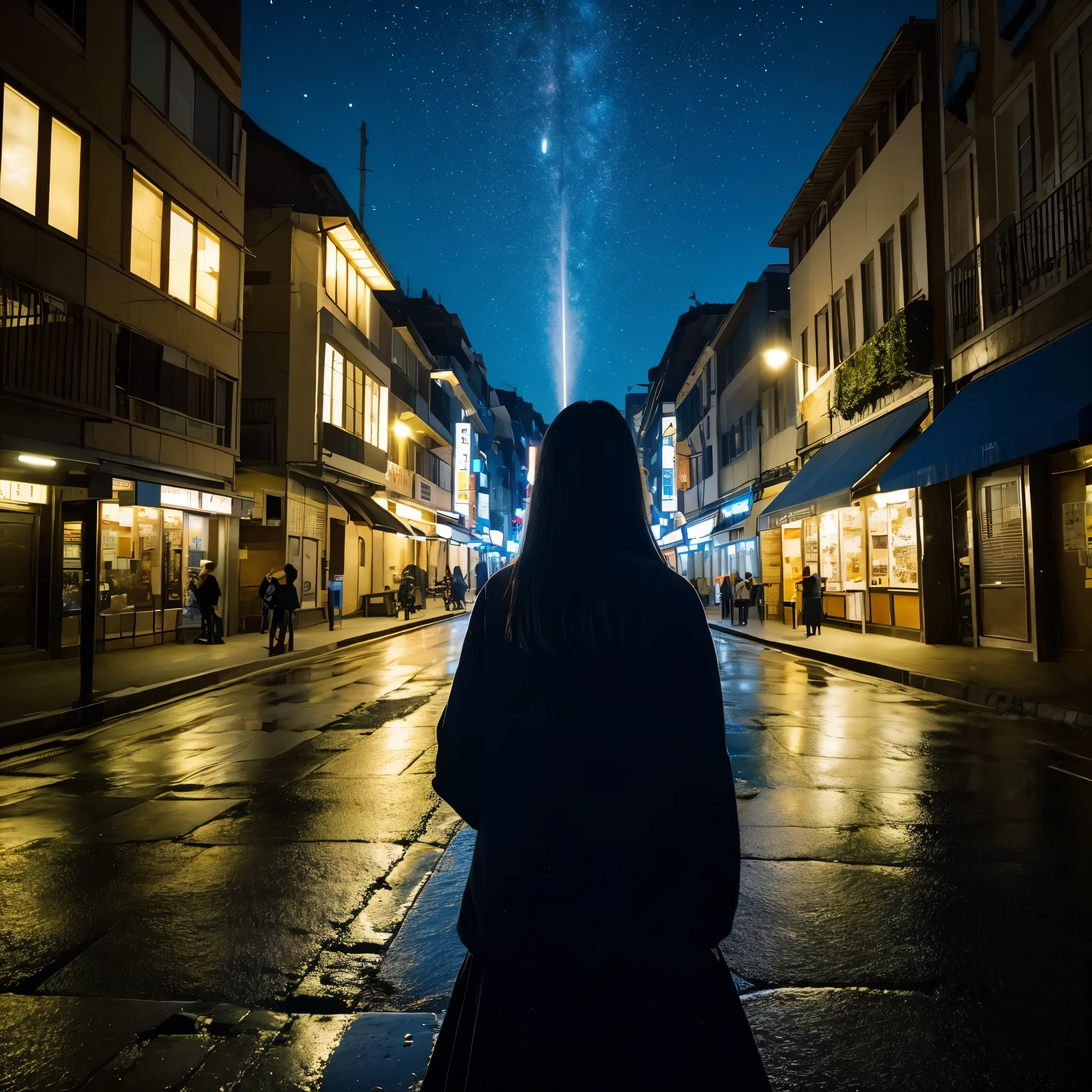 A young woman with dark hair and simple clothes is standing in the middle of a busy street in a big city.. She stares at the night sky, which is a deep dark blue, quase preto. Milhares de estrelas cintilam, forming constellations and patterns that span the entire celestial vault. A lua, quase cheia, banha a cena com uma luz prateada. In a puddle of water on the floor, the reflection of the night sky is visible. The stars and moon distort on the surface of the water, creating a kaleidoscopic effect. The city light is also reflected in the puddle, creating a golden glow that contrasts with the dark blue of the sky. The street is busy with cars and people passing by. As luzes da cidade criam um brilho artificial que contrasta com a luz natural das estrelas. The puddle of water is small and irregular, but deep enough to reflect the sky clearly. The young woman appears to be overcome by a sense of wonder and contemplation. The vastness of the night sky and the beauty of the stars make her feel small and insignificant, but also connected to something bigger than herself. She's alone in the scene, which intensifies the feeling of isolation and contemplation.