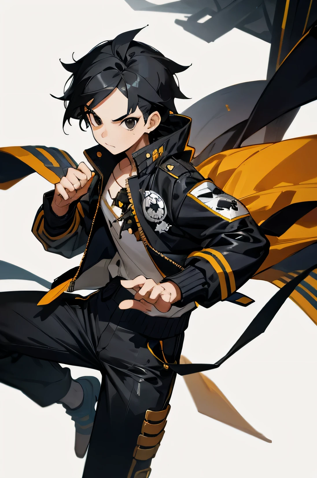 Male, , black eyes, short, Jet jacket, pirate background, black hair, kick stance