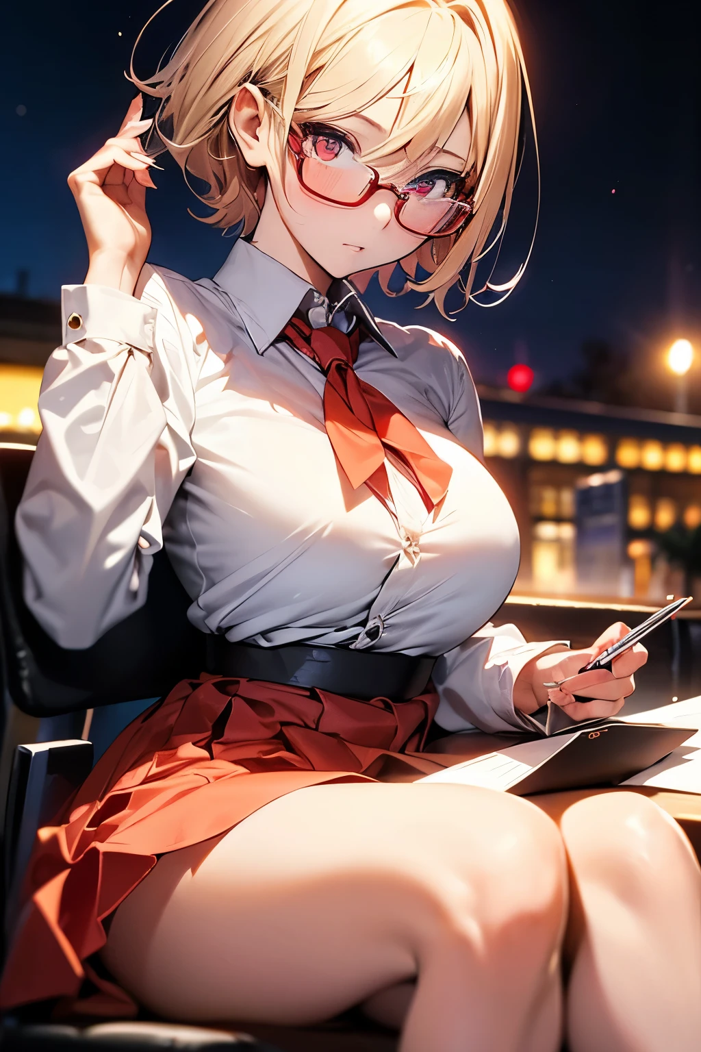 Anime Girl, 21 years old, Blonde, Short Hair and Red Eye, Wears Glasses, White Blouse, Red Skirt, Black Heels, Café Background, Nighttime, Curious Expression, Charming, Writing at the Table, Thinking, Looking Down and away from the Camera, Extreme Close-up Portrait, Face Shot