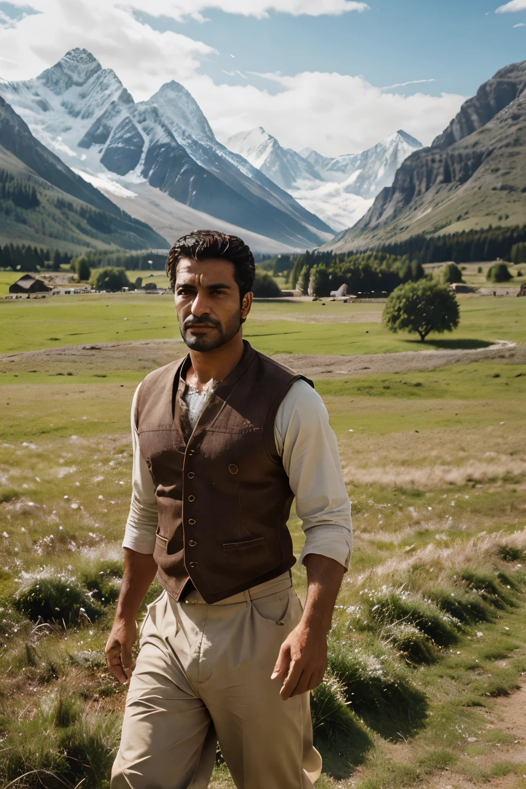 A Kurdish man with deeply tanned skin, wearing traditional clothing and holding a hoe, walks away from the camera across the expanse of lush, green grass. White, snow-capped mountains loom in the distant background, adding depth and dimension to the scene. This highly detailed and intricately textured image, taken in high resolution, exudes a sense of realism and authenticity. The man's weathered face, with furrowed brows and rugged features, contrasts beautifully with the serene and picturesque landscape. The sharp focus and detailed textures of the grass and the man's clothing bring the scene to life in a photorealistic and ultrarealistic way.
