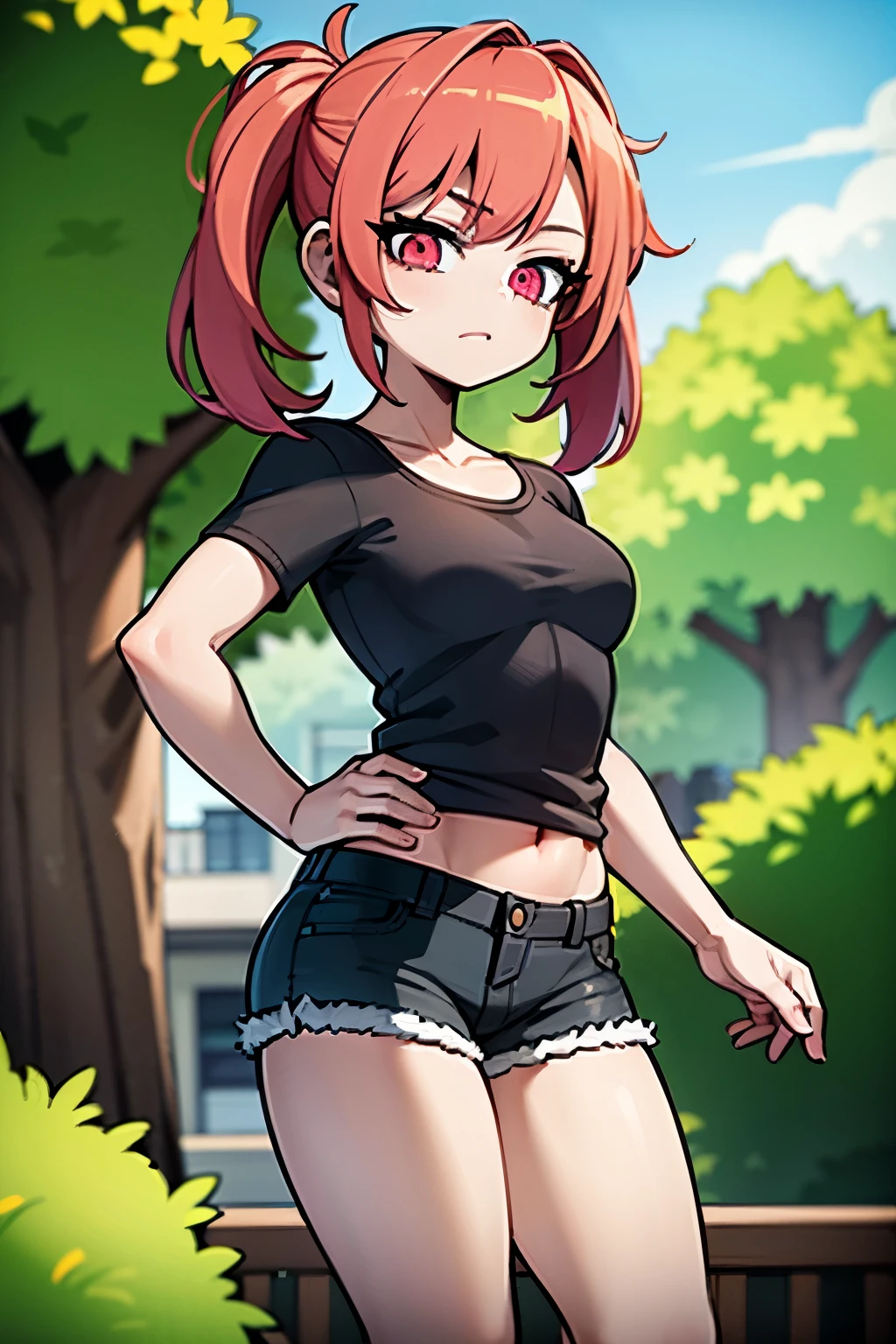 young girl, red hair, girl, small breasts, twintail hair, pink bangs, pink eyes, black top shirt, blue jeans short, in a ´park, looking at viewer, 4k, masterpiece, 8k, detailed, Hd anime
