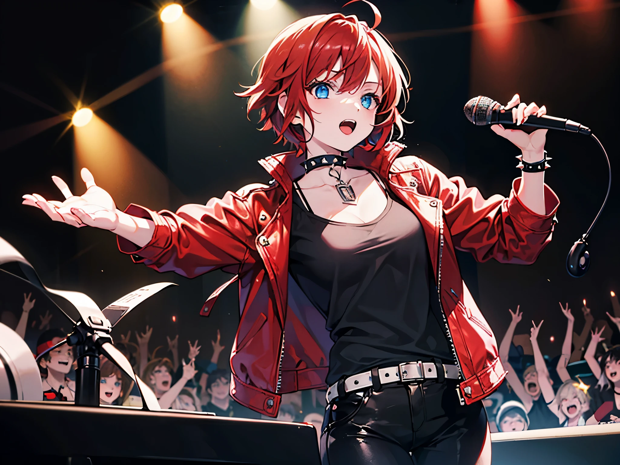 1girl, night, sing in concert, red leather jacket, holding microphone, black clothes, black pants, gothic accessories, spiked choker, side-swept short red hair with ahoge, blue eyes, masterpiece, best quality