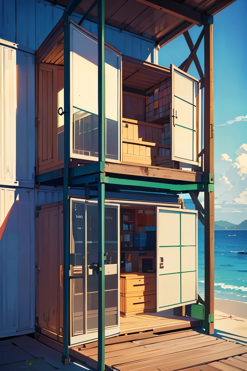 Create a captivating image of a versatile office nestled within a sea container. In this meticulously designed scene, the container measures 3 meters in length and 2.50 meters in width.
First, visualize the exterior of the container. The rugged metal surface is weathered by the salty sea air, showcasing a vibrant patina. A faded company logo adorns one side of the container, adding intrigue to the scene.
As we peer inside, we'll unveil the carefully planned interior. A modular desk, complete with a sleek contemporary design, occupies the left side of the container. The desk is accompanied by an ergonom