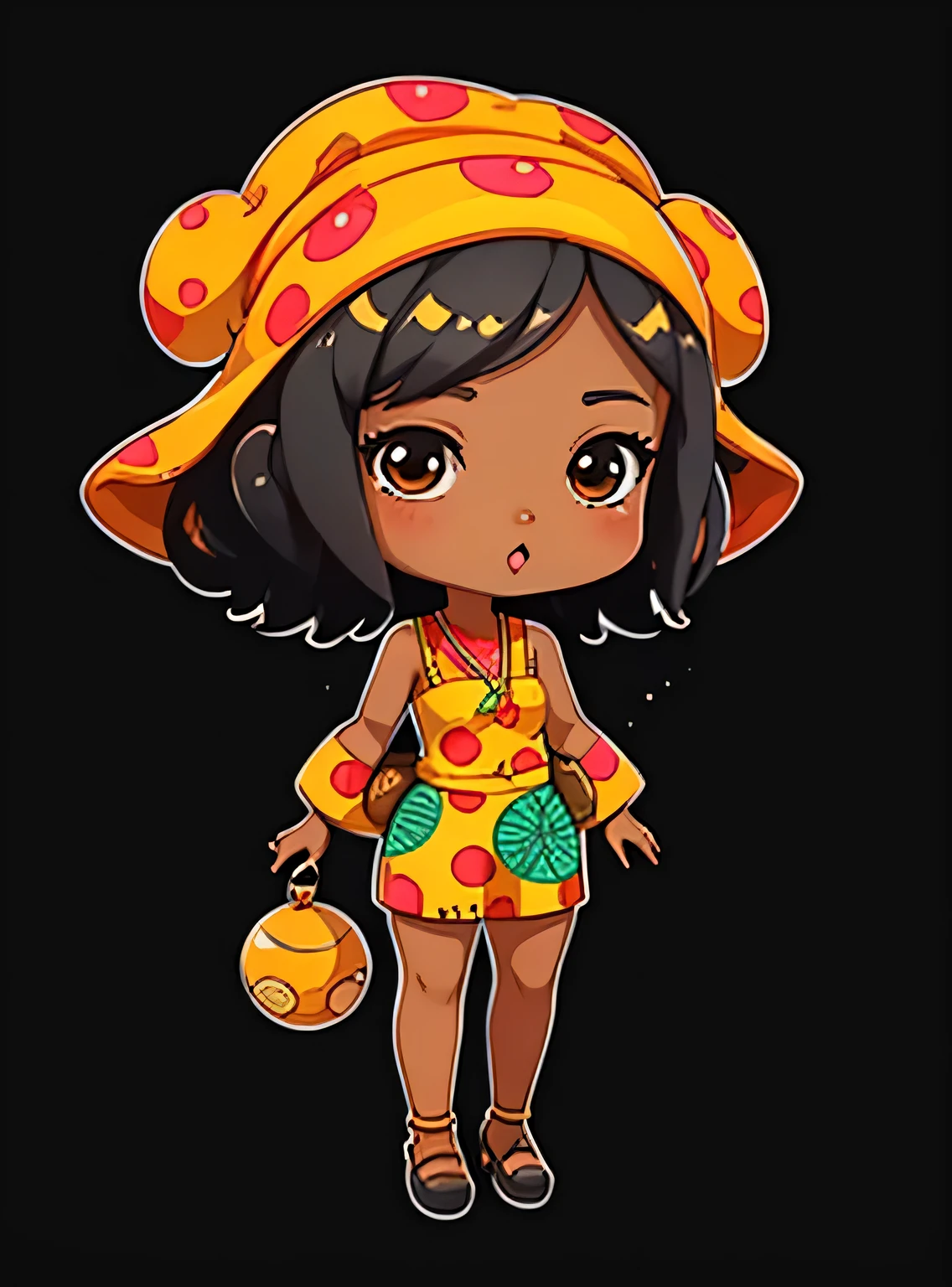 adesivo,1 garota, fundo simples, ebony woman wearing ankara dress with matching headscarf, chibi bonito