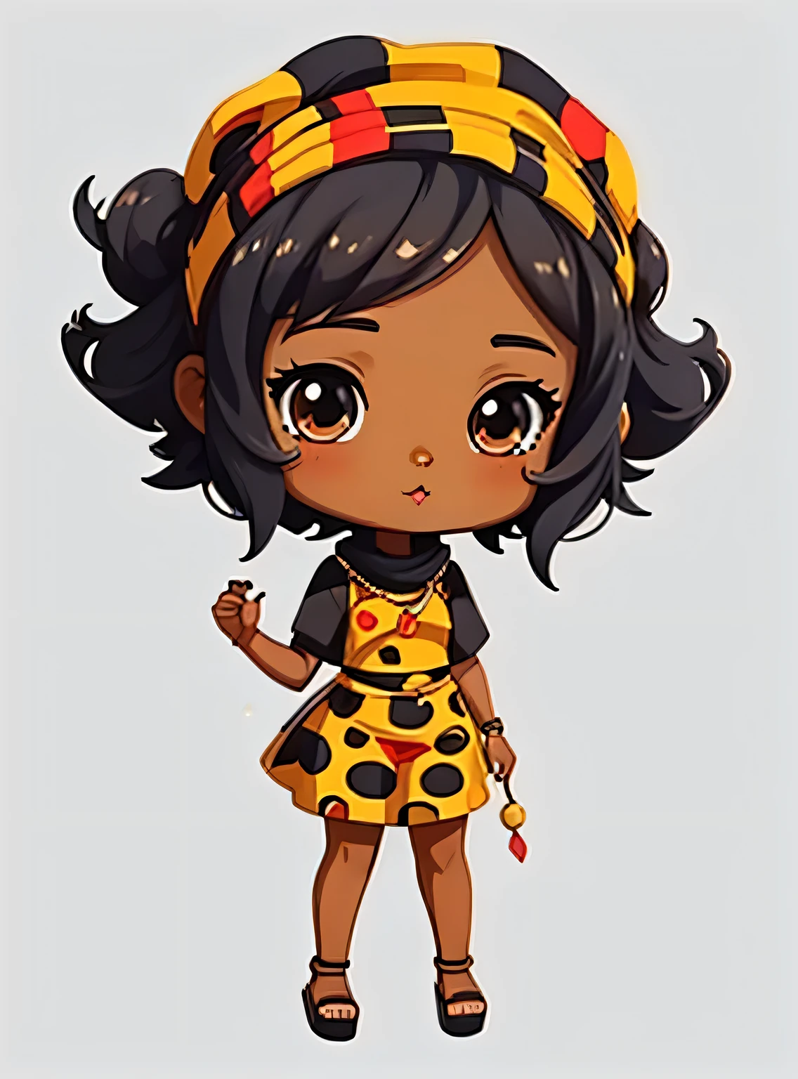 adesivo,1 garota, fundo simples, ebony woman wearing ankara dress with matching headscarf, chibi bonito
