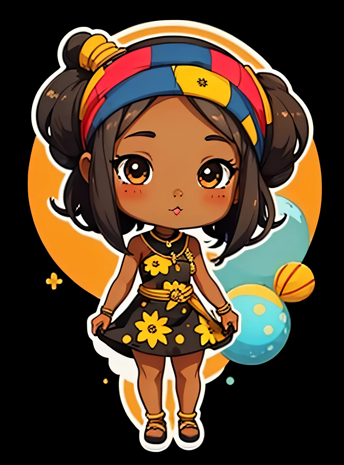 adesivo,1 garota, fundo simples, ebony woman wearing ankara dress with matching headscarf, chibi bonito