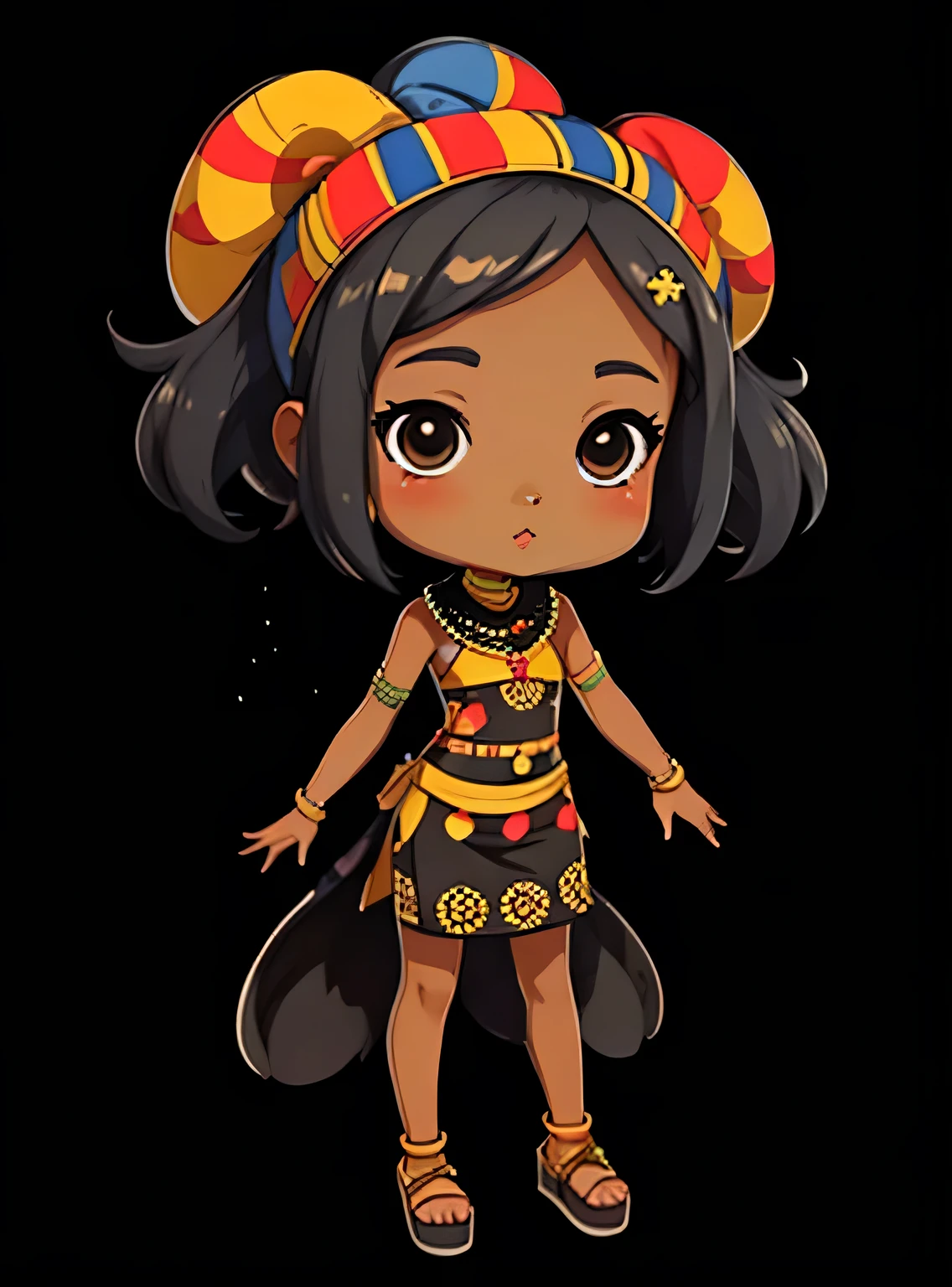 adesivo,1 garota, fundo simples, ebony woman wearing ankara dress with matching headscarf, chibi bonito