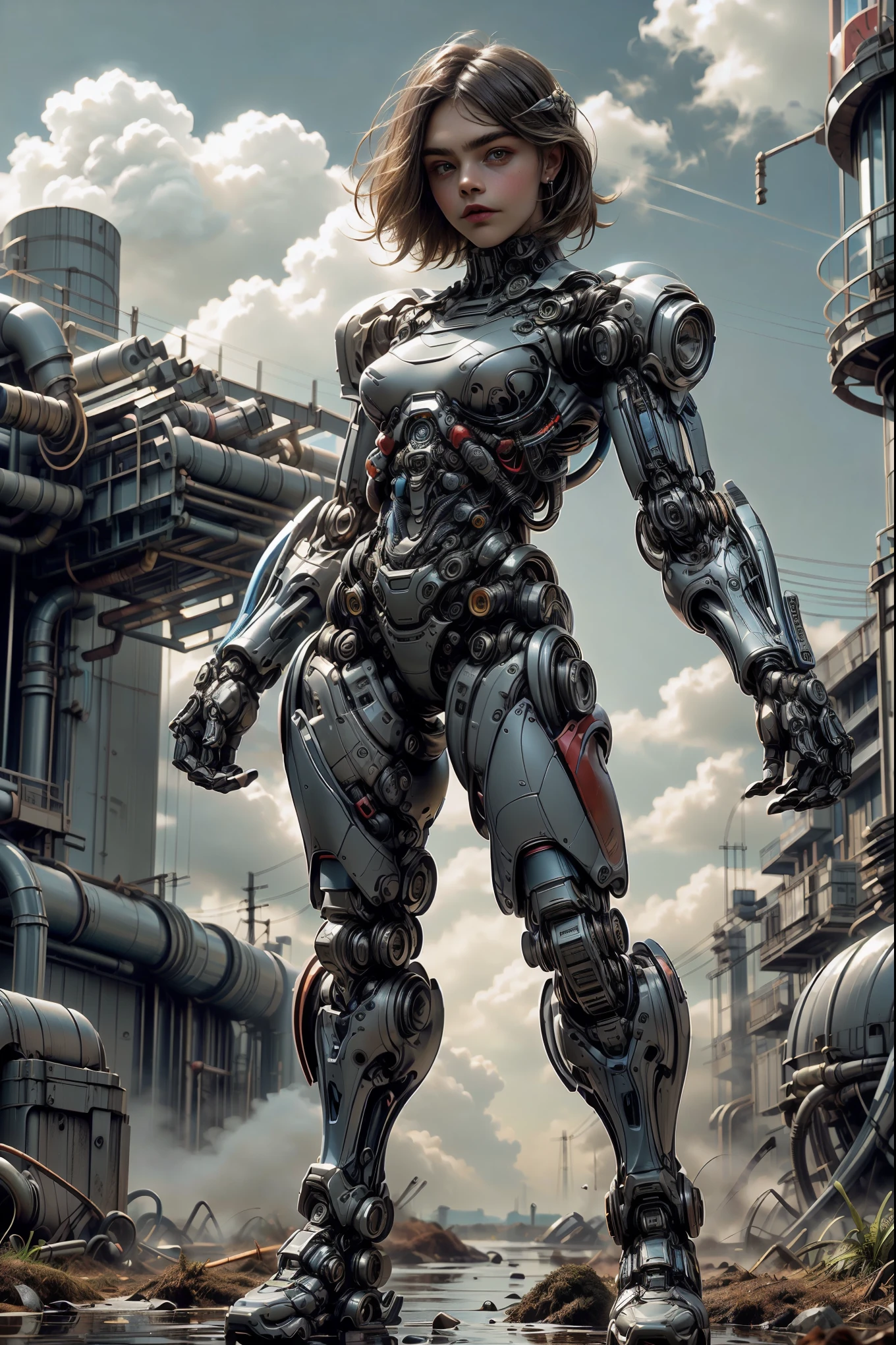 (1 girl), (beautiful cyborg queen looking at camera:1.25), (cara delevingne:1.25), (robotic mechanical physique:1.25), (full body pose:1.25), (covered in cables and mechanical muscles:1.25), (android muscular anatomy:1.25), (perfect fingers:1.25),(8k, RAW photo, photorealistic:1.25), sci fi atmosphere, futuristic Technopolis, alien landscape,