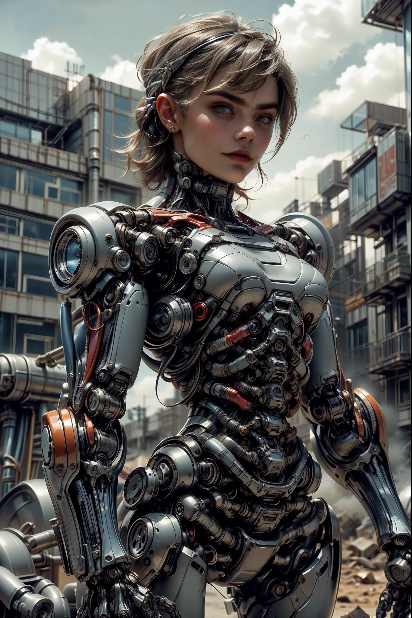 (1 girl), (beautiful cyborg queen looking at camera:1.25), (cara delevingne:1.25), (robotic mechanical physique:1.25), (full body pose:1.25), (covered in cables and mechanical muscles:1.25), (android muscular anatomy:1.25), (perfect fingers:1.25),(8k, RAW photo, photorealistic:1.25), sci fi atmosphere, futuristic Technopolis, alien landscape,