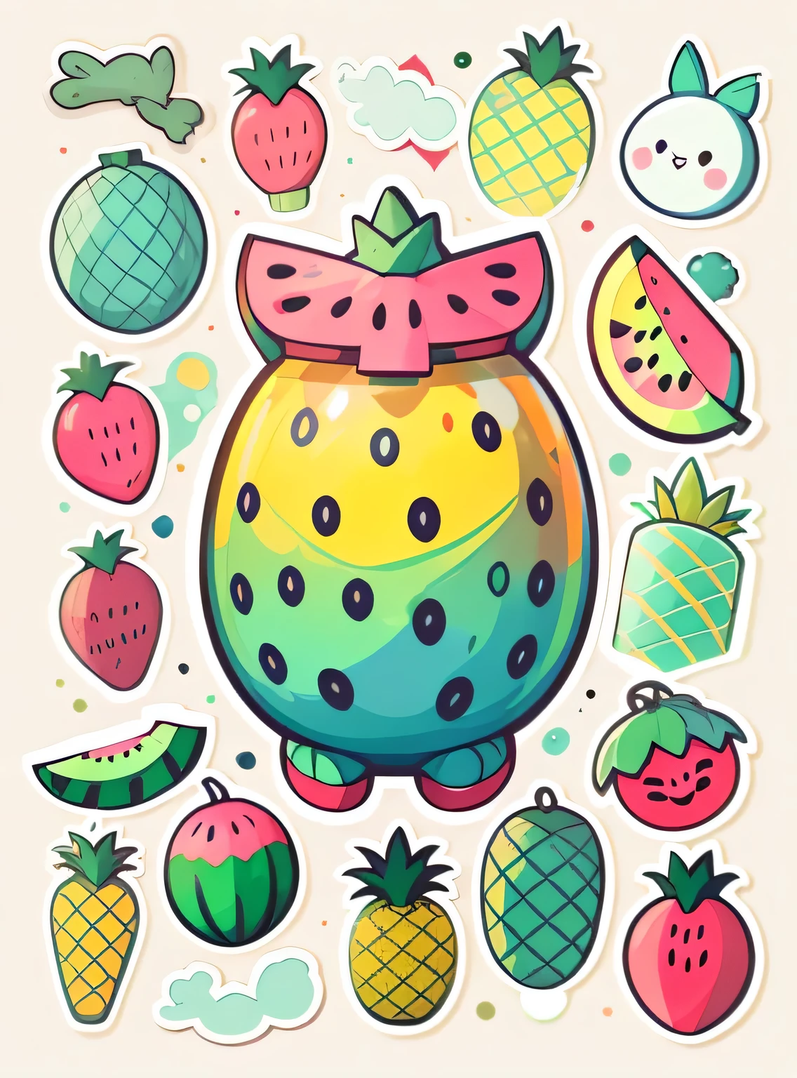 Adesivos individuais, 1 adesivo, (Melancia),(abacaxi), fundo branco, Nada de fundo, Backgound simples, I don't know, adorable, cor pastel, estilo vetorial, do not classify,refinamento。Frutas diversas,Todos os tipos de animais bonitos