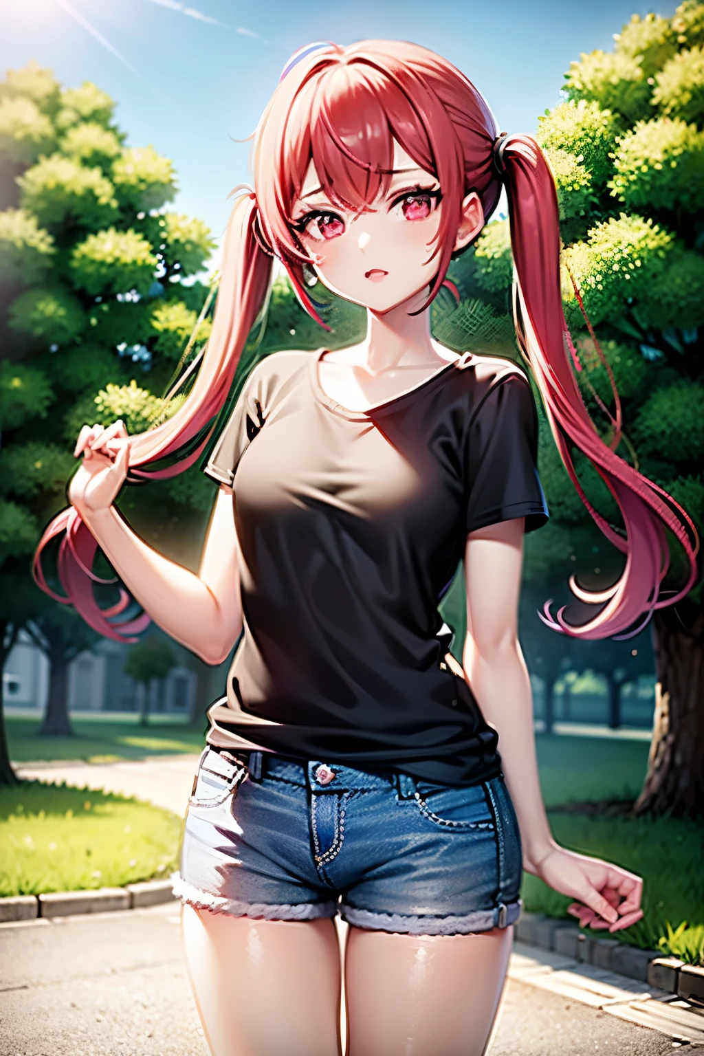 
young girl, red hair, girl, small breasts, twintail hair, pink bangs, pink eyes, black top shirt, blue jeans short, in a ´park, looking at viewer, 4k, masterpiece, 8k, detailed, Hd anime
