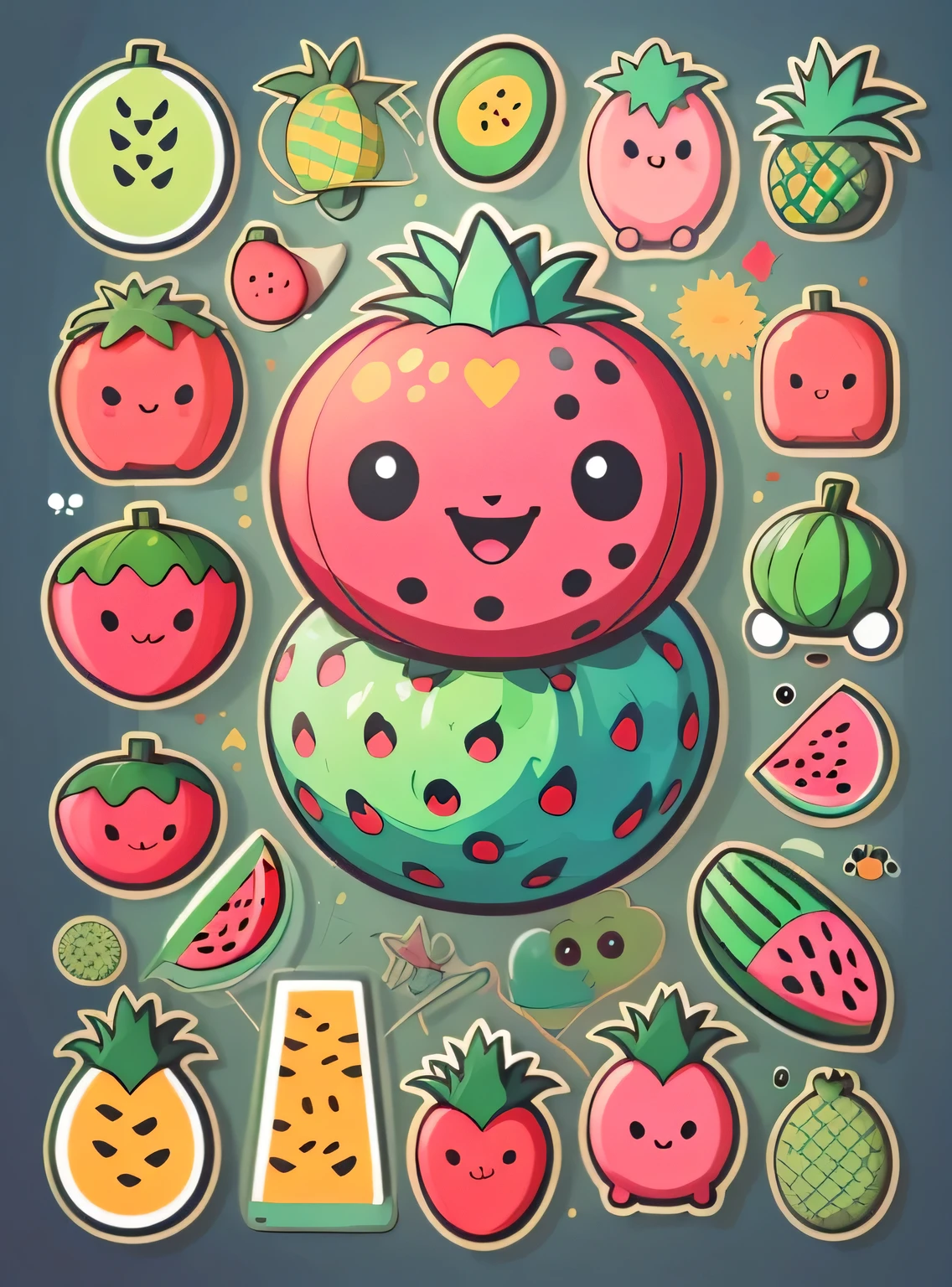 Adesivos individuais， 1 adesivo， （Melancia），（abacaxi），  fundo branco， Nada de fundo， Backgound simples， I don't know， adorable， cor pastel， estilo vetorial， do not classify，refinamento。Frutas diversas，Todos os tipos de animais bonitos