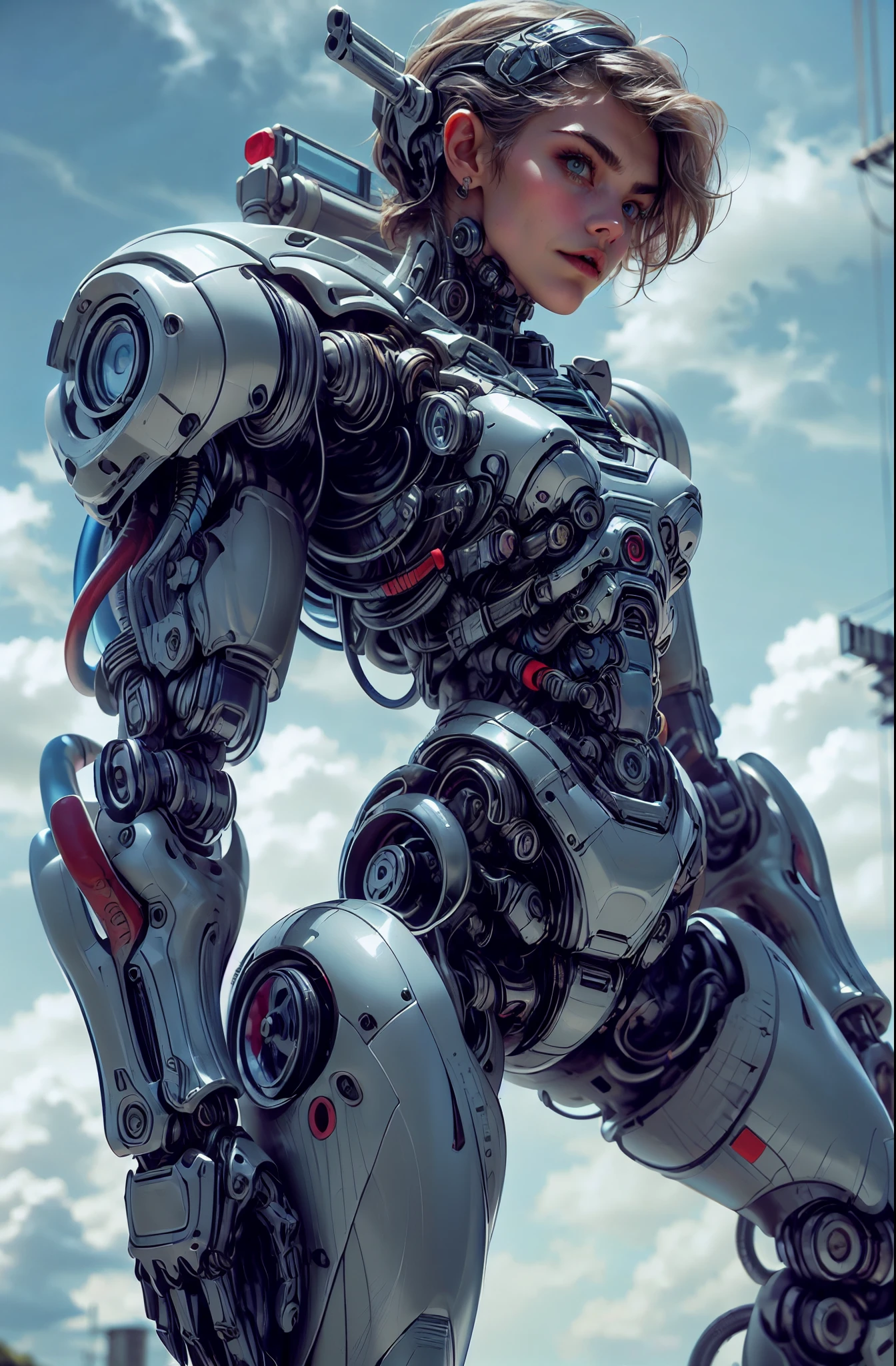 (1 girl), (beautiful cyborg queen looking at camera:1.25), (cara delevingne:1.25), (robotic mechanical physique:1.25), (full body pose:1.25), (covered in cables and mechanical muscles:1.25), (android muscular anatomy:1.25), (perfect fingers:1.25),(8k, RAW photo, photorealistic:1.25), sci fi atmosphere, futuristic Technopolis, alien landscape,