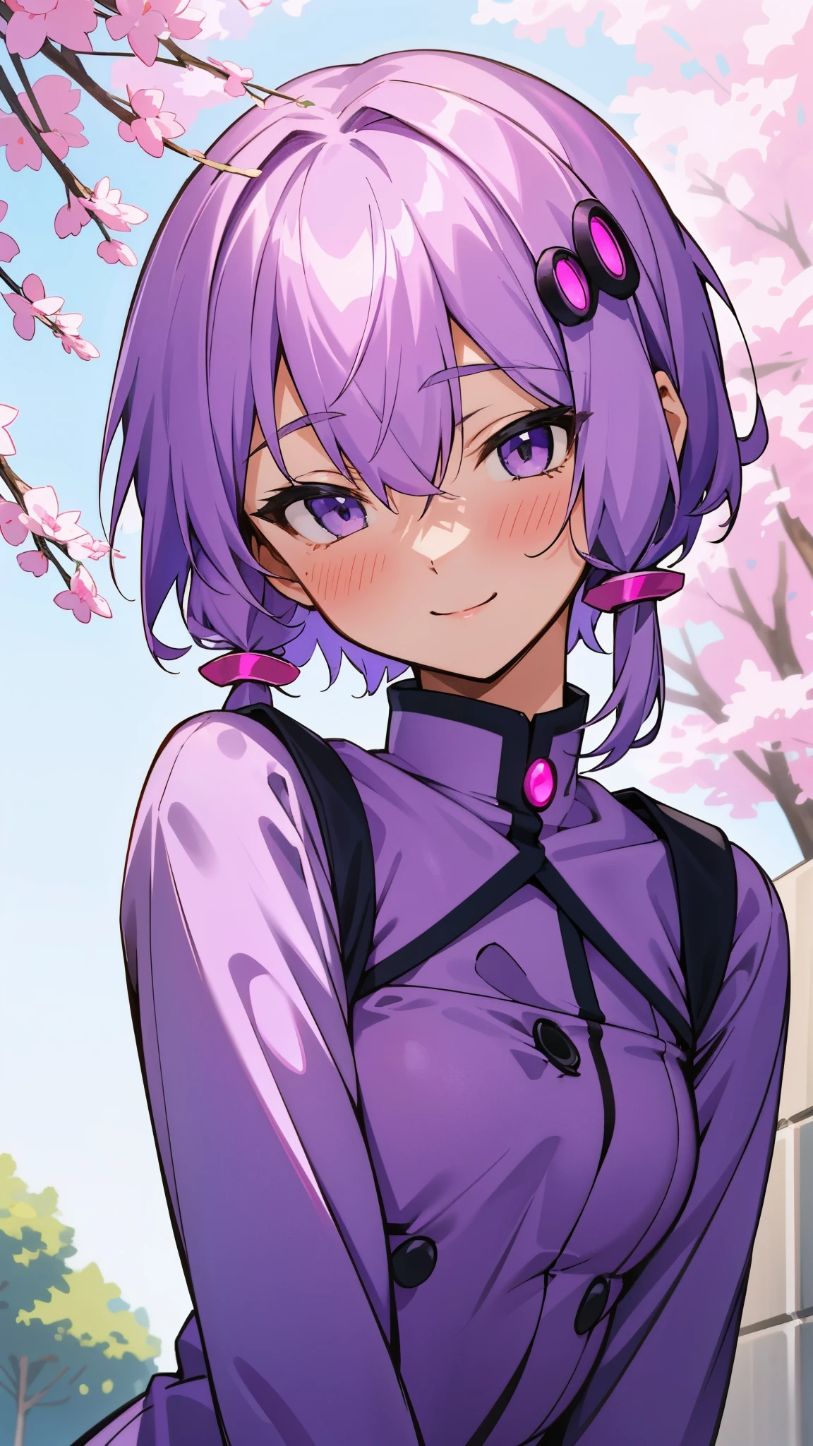 Yuitsuki Yukari、18-year-old、Slender body type、smile、blush、Light purple hair、short hair、(hair between eyes)、upper body close-up、daytime、under the street tree、Uniform combining pink and blue、muste piece、high resolution、4K