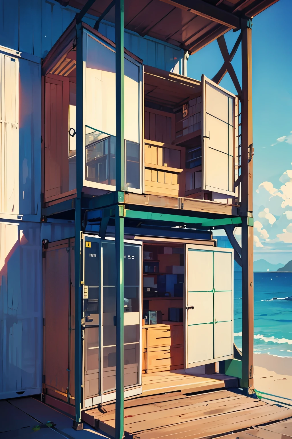 Create a captivating image of a versatile office nestled within a sea container. In this meticulously designed scene, the container measures 3 meters in length and 2.50 meters in width.

First, visualize the exterior of the container. The rugged metal surface is weathered by the salty sea air, showcasing a vibrant patina. A faded company logo adorns one side of the container, adding intrigue to the scene.

As we peer inside, we'll unveil the carefully planned interior. A modular desk, complete with a sleek contemporary design, occupies the left side of the container. The desk is accompanied by an ergonom