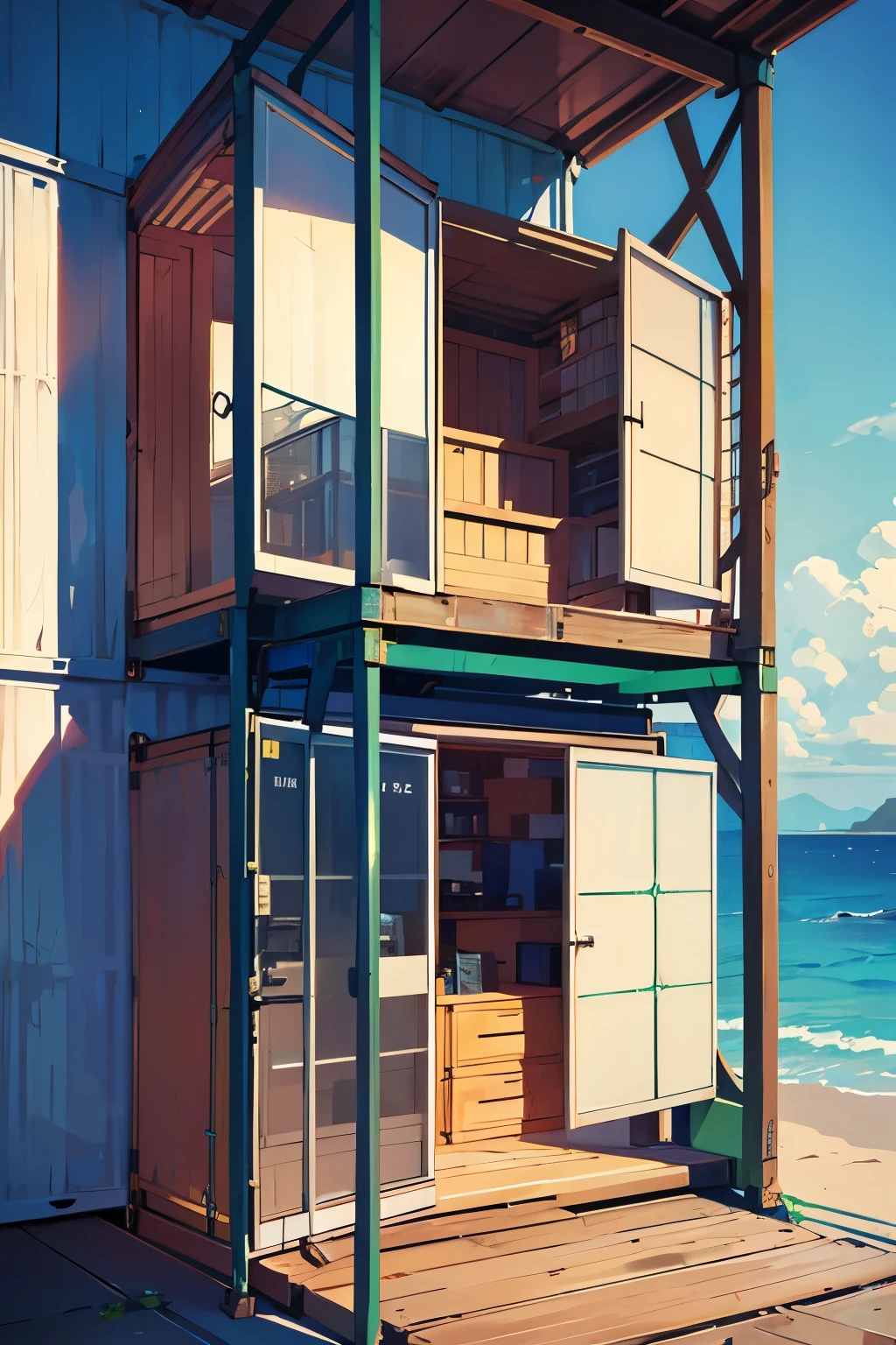 Create a captivating image of a versatile office nestled within a sea container. In this meticulously designed scene, the container measures 3 meters in length and 2.50 meters in width.
First, visualize the exterior of the container. The rugged metal surface is weathered by the salty sea air, showcasing a vibrant patina. A faded company logo adorns one side of the container, adding intrigue to the scene.
As we peer inside, we'll unveil the carefully planned interior. A modular desk, complete with a sleek contemporary design, occupies the left side of the container. The desk is accompanied by an ergonom