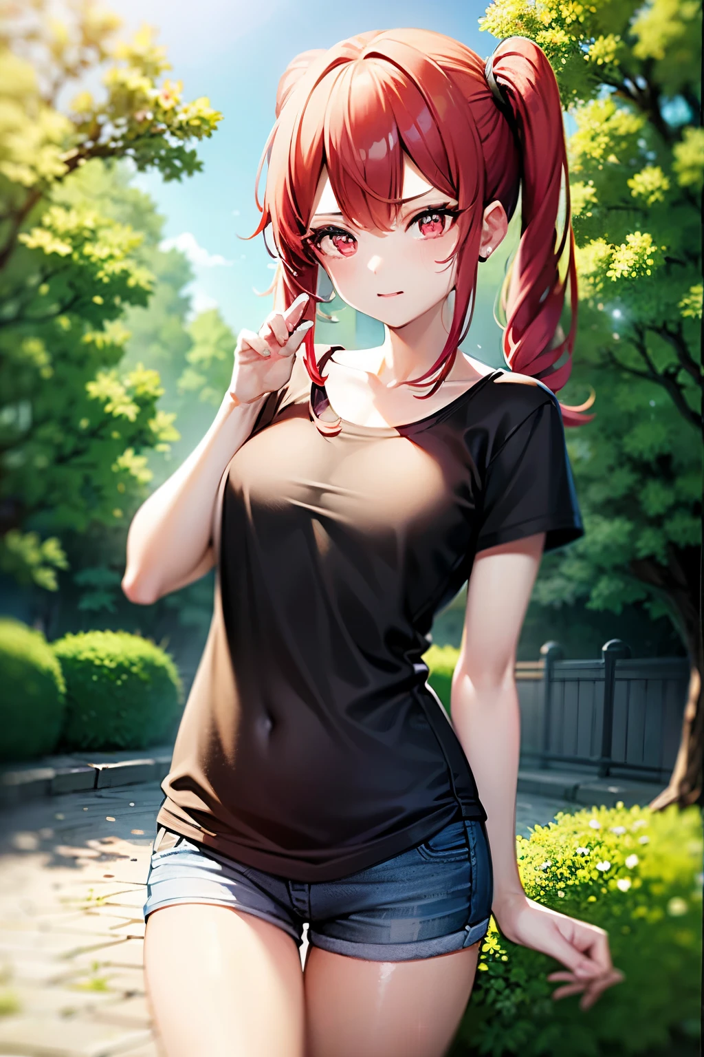 
young girl, red hair, girl, small breasts, twintail hair, pink bangs, pink eyes, black top shirt, blue jeans short, in a ´park, looking at viewer, 4k, masterpiece, 8k, detailed, Hd anime
