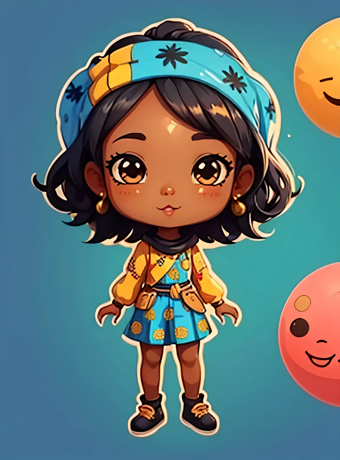 adesivo,1 garota, fundo azul, ebony woman wearing ankara dress with matching headscarf, chibi bonito